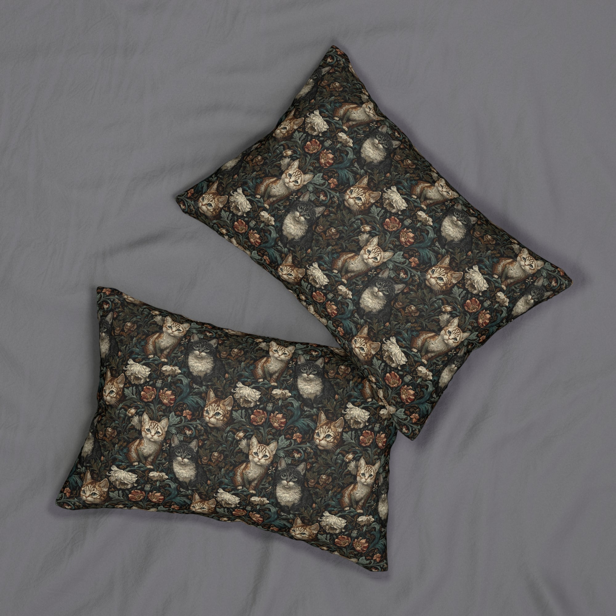 Indoor Lumbar Pillow - Brown Tabby Kittens Among Dark Green and Peach Floral Vines, Moody Vintage Style