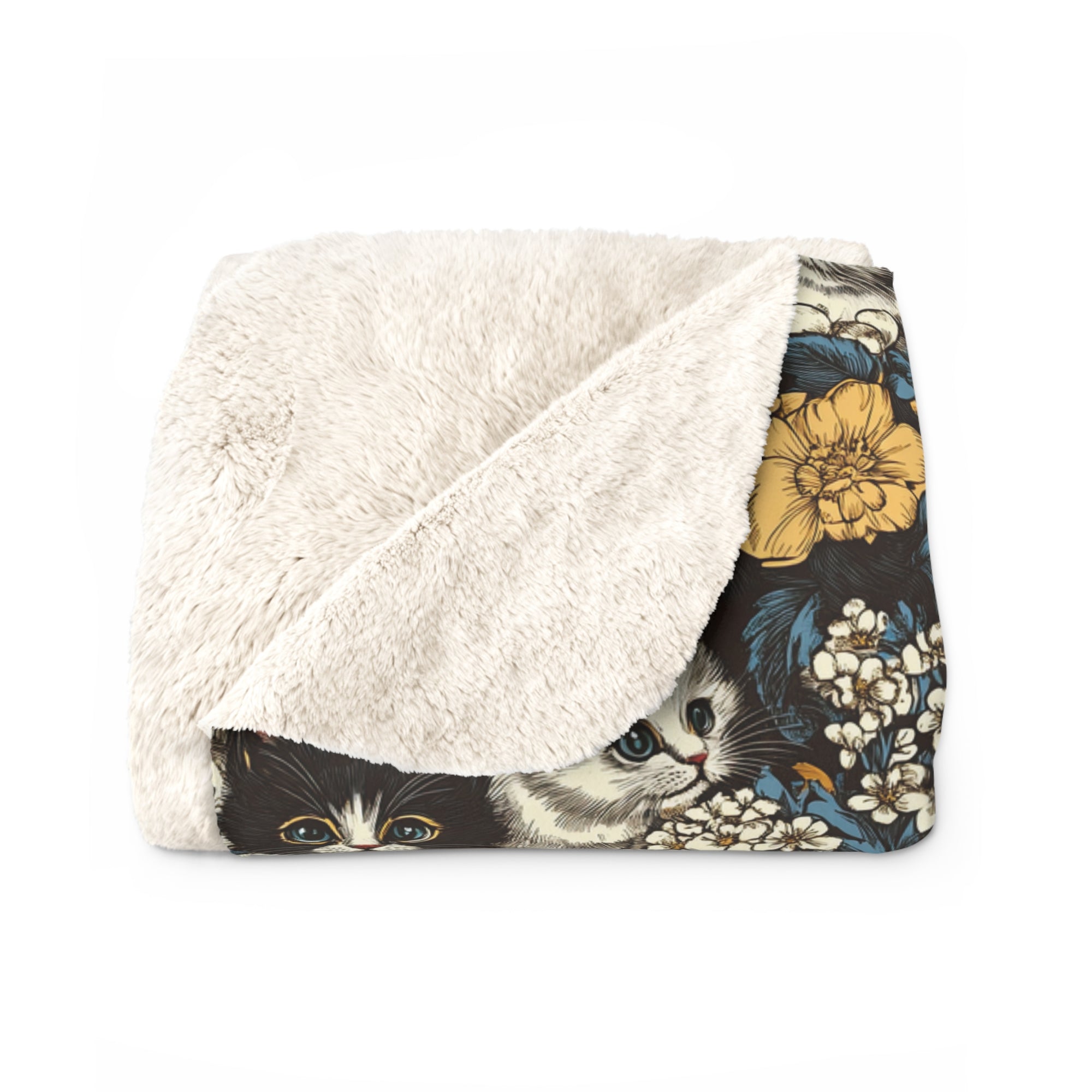 Sherpa Blanket - Black and White Kittens with Yellow and White Flowers, Dark Blue Leaves, Vintage Charm