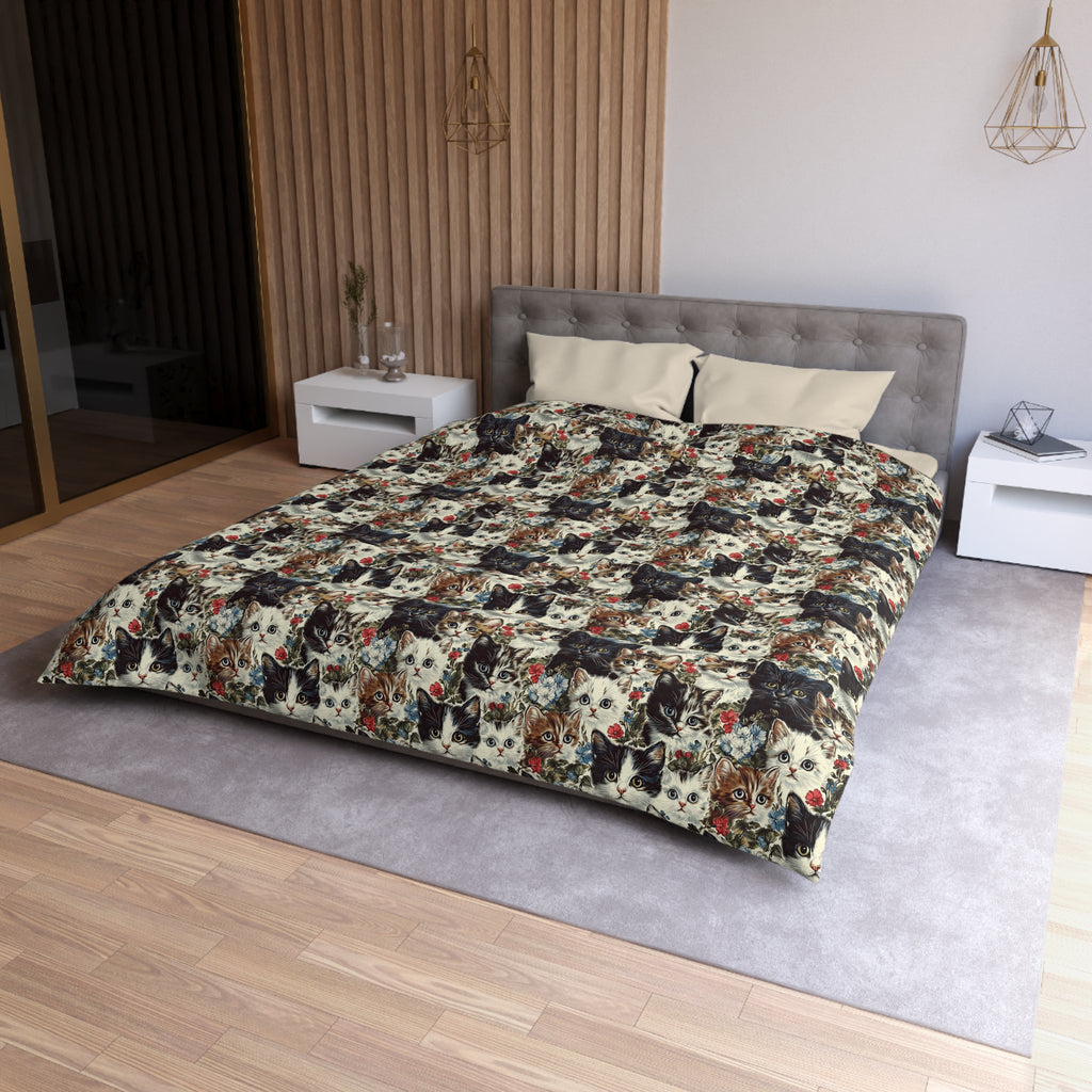 Duvet Cover - Colorful Kitten Faces with Red and Blue Flowers, Whimsical and Bright, Pattern Design