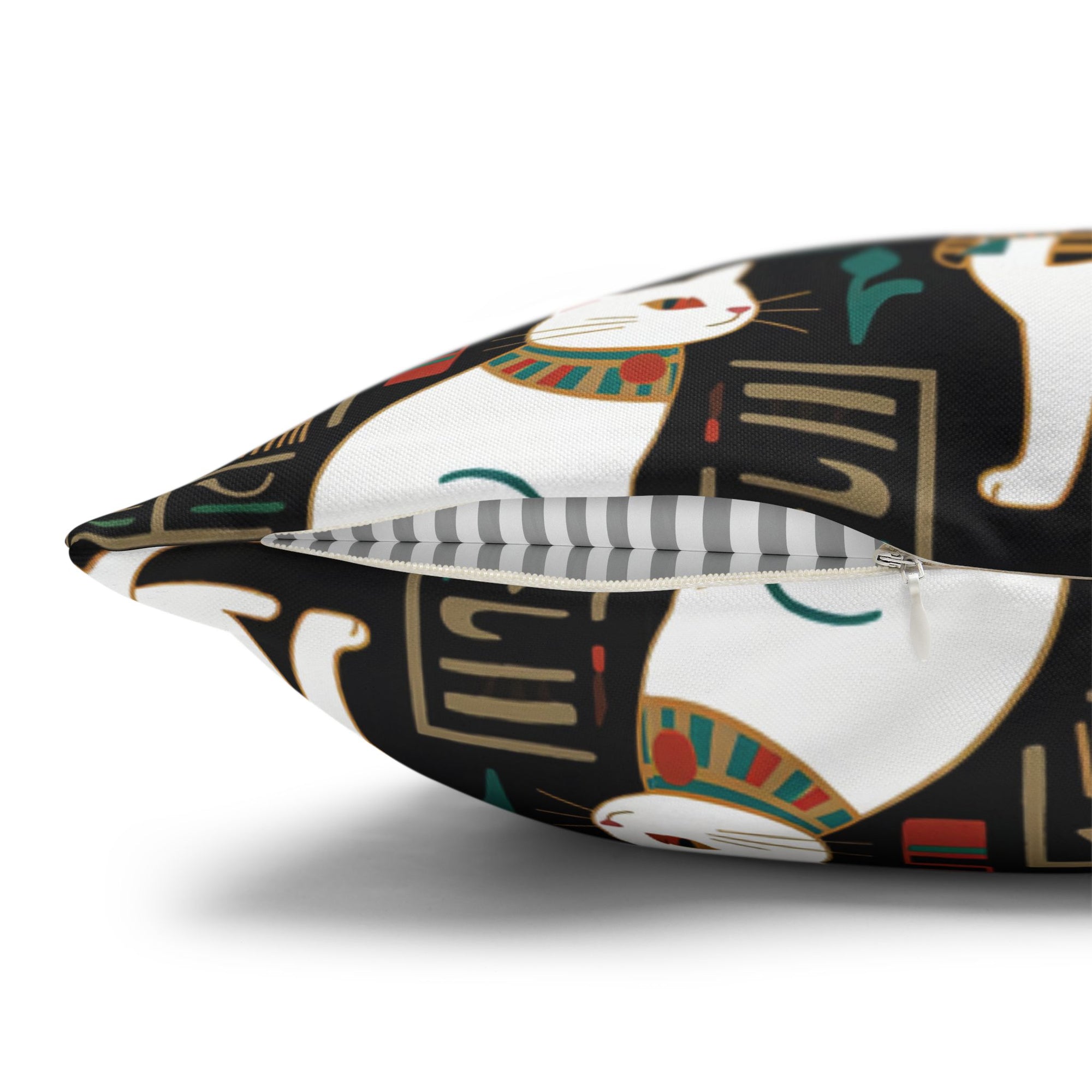 Square Pillowcase - Regal White Egyptian Cats with Ornate Collars and Ancient Symbols Adorn this Historically Inspired and Mystical Pattern