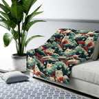 Sherpa Blanket - A dramatic and powerful Japanese woodblock print-style illustration of cats amidst powerful waves, red flowers, and white cherry blossoms.