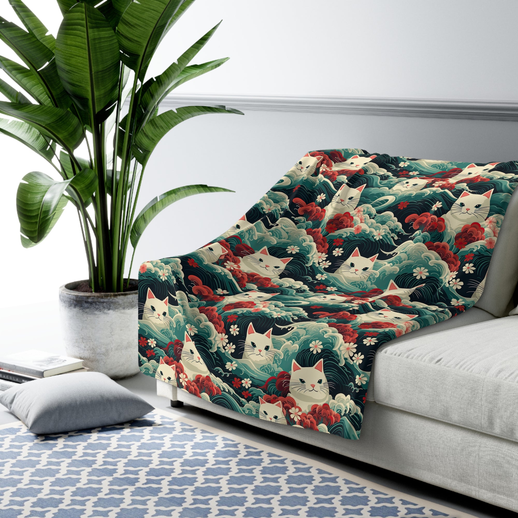 Sherpa Blanket - A dramatic and powerful Japanese woodblock print-style illustration of cats amidst powerful waves, red flowers, and white cherry blossoms.