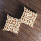 Indoor Square Floor Pillow - Artistic patterned cats in warm earth tones, unique tribal and folk art designs, playful felines with yarn and paw prints, bohemian animal print, cream background, creative cat art