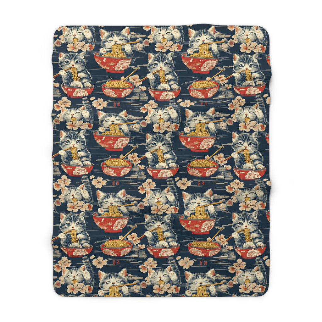 Sherpa Blanket - A charming and detailed illustration of happy kittens in red ramen bowls eating their noodles with chopsticks among beautiful pink cherry blossoms on a dark background.