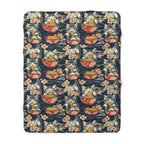 Sherpa Blanket - A charming and detailed illustration of happy kittens in red ramen bowls eating their noodles with chopsticks among beautiful pink cherry blossoms on a dark background.