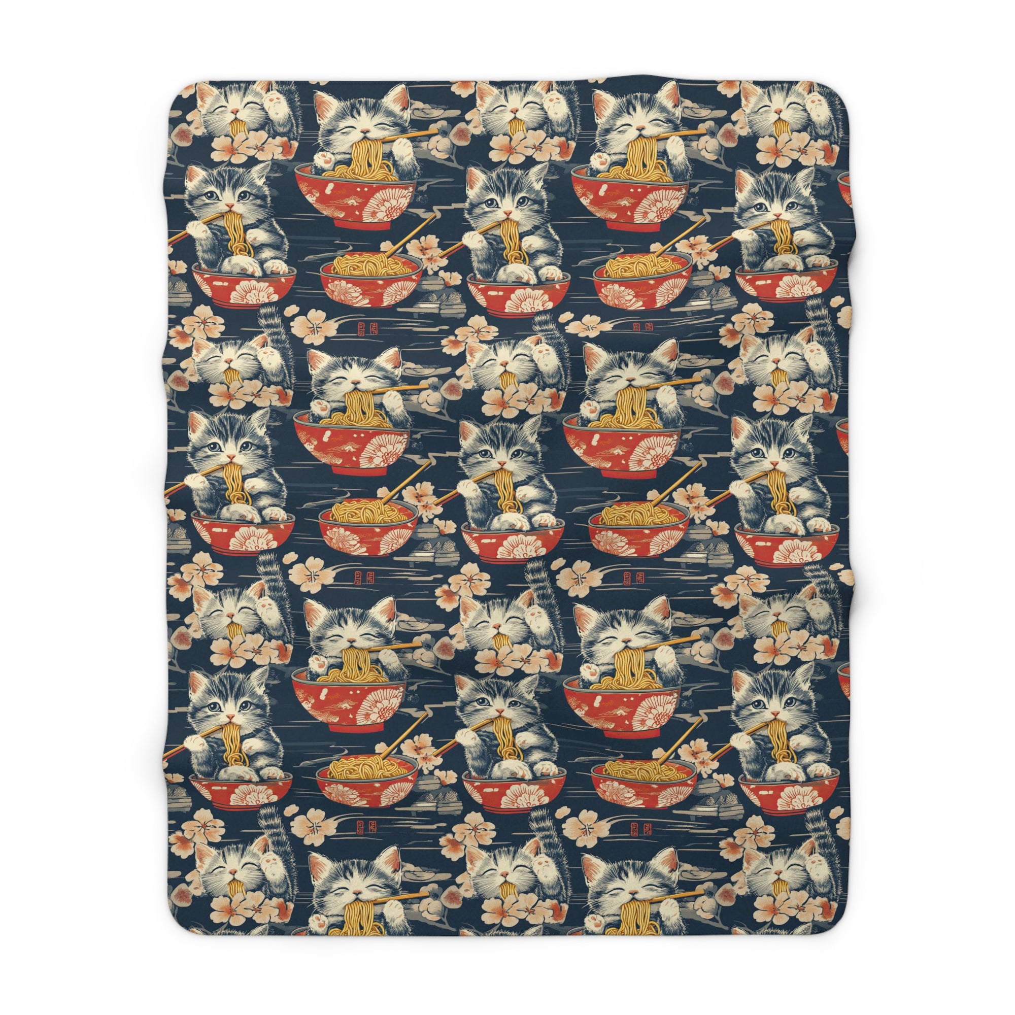 Sherpa Blanket - A charming and detailed illustration of happy kittens in red ramen bowls eating their noodles with chopsticks among beautiful pink cherry blossoms on a dark background.