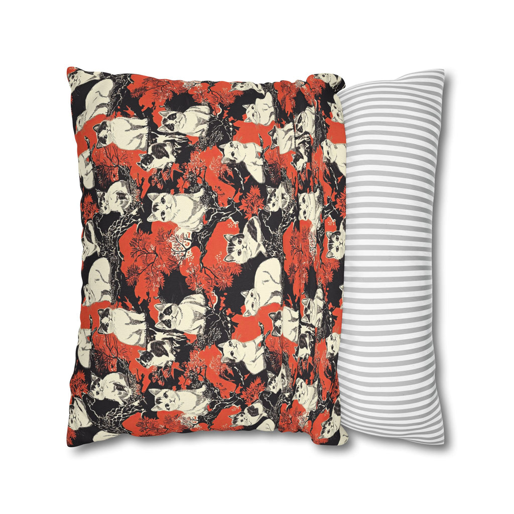 Square Pillowcase - A striking black-and-white illustration with red accents of charming cats perched on the branches of trees in a beautiful Japanese woodblock print style.