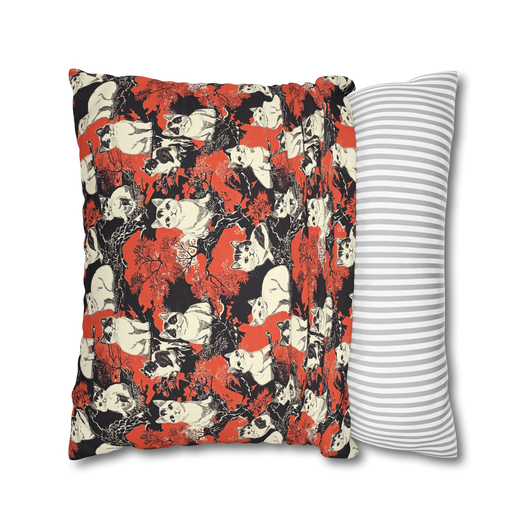 Square Pillowcase - A striking black-and-white illustration with red accents of charming cats perched on the branches of trees in a beautiful Japanese woodblock print style.