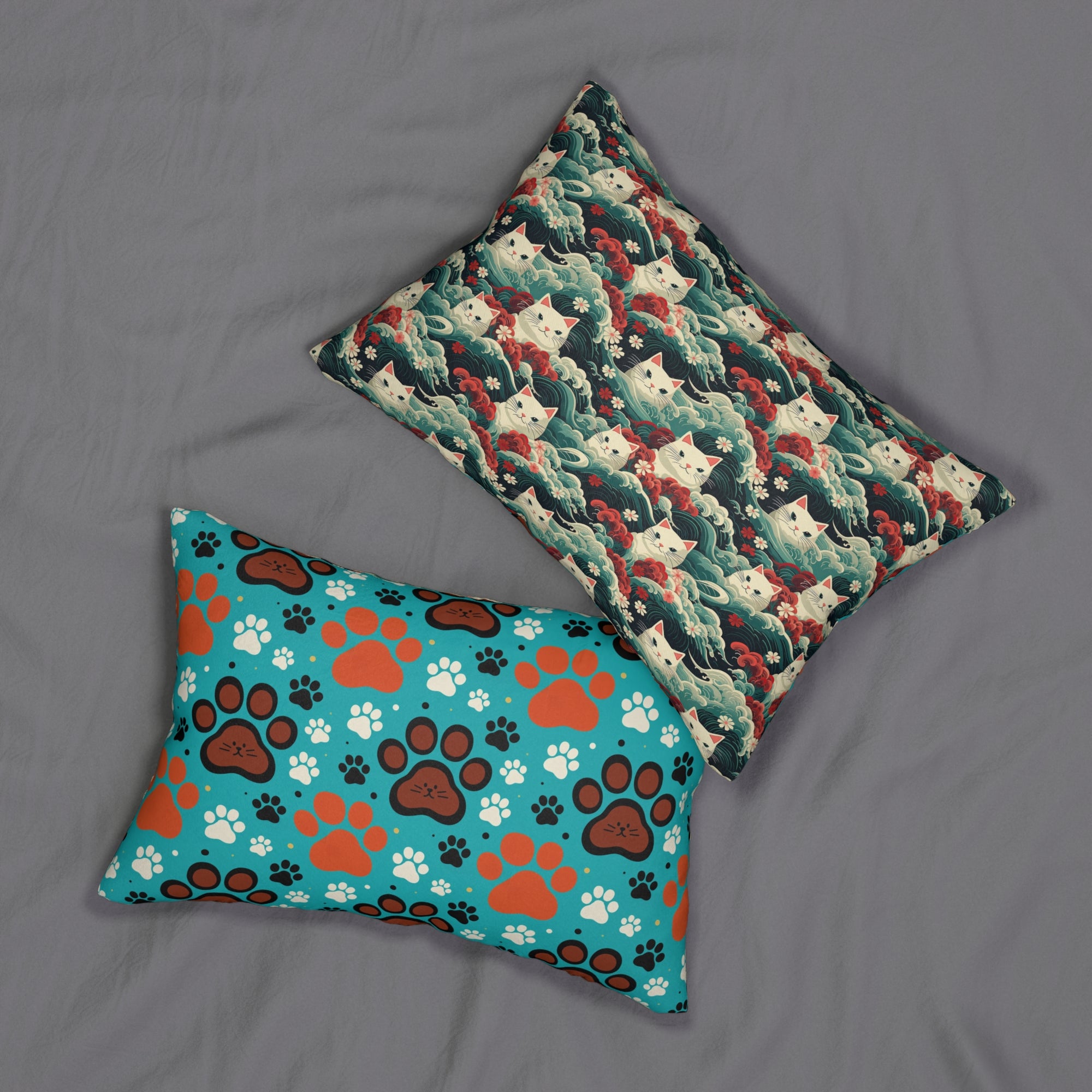 Indoor Lumbar Pillow - A dramatic and powerful Japanese woodblock print-style illustration of cats amidst powerful waves, red flowers, and white cherry blossoms.