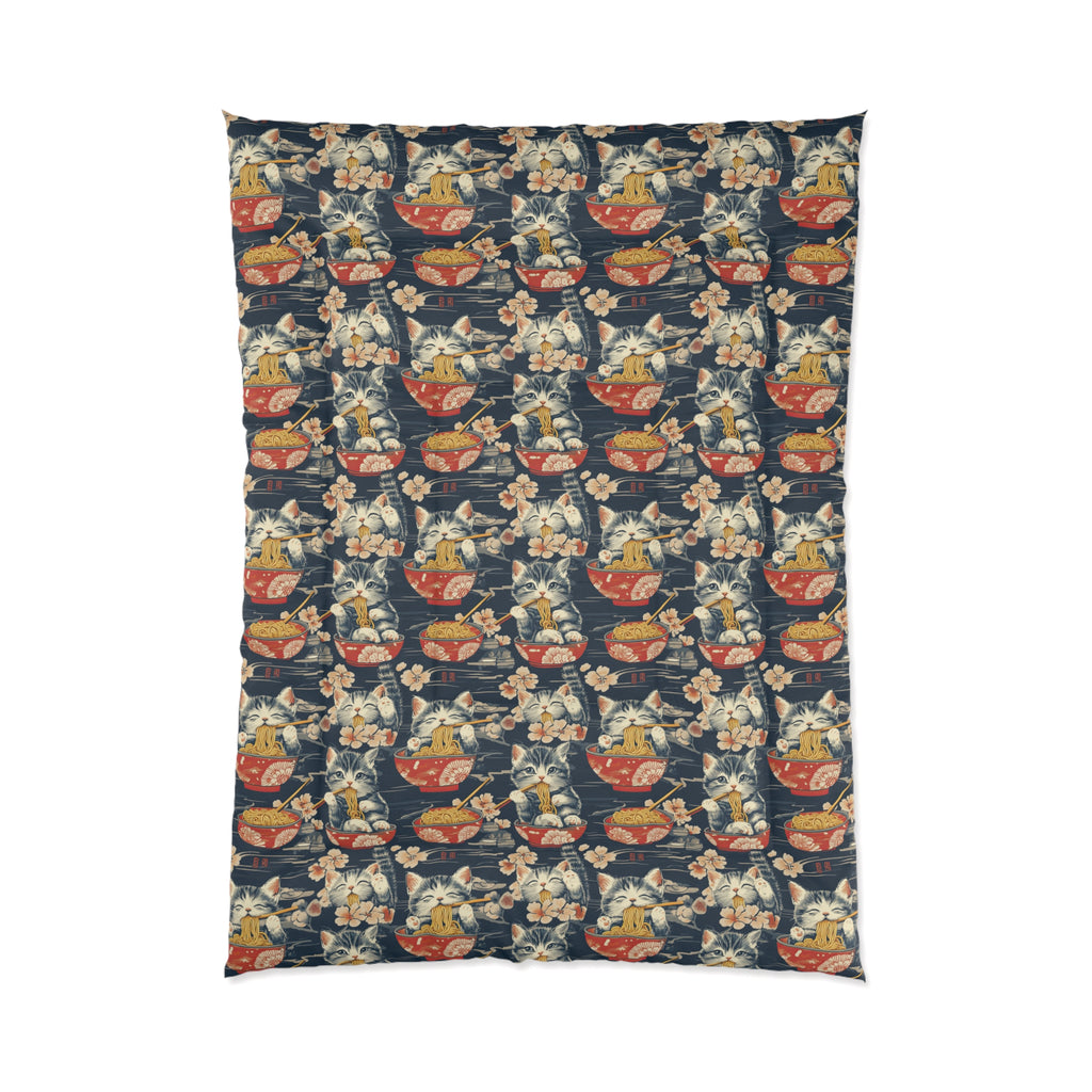 Comforter - A charming and detailed illustration of happy kittens in red ramen bowls eating their noodles with chopsticks among beautiful pink cherry blossoms on a dark background.