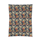 Comforter - A charming and detailed illustration of happy kittens in red ramen bowls eating their noodles with chopsticks among beautiful pink cherry blossoms on a dark background.
