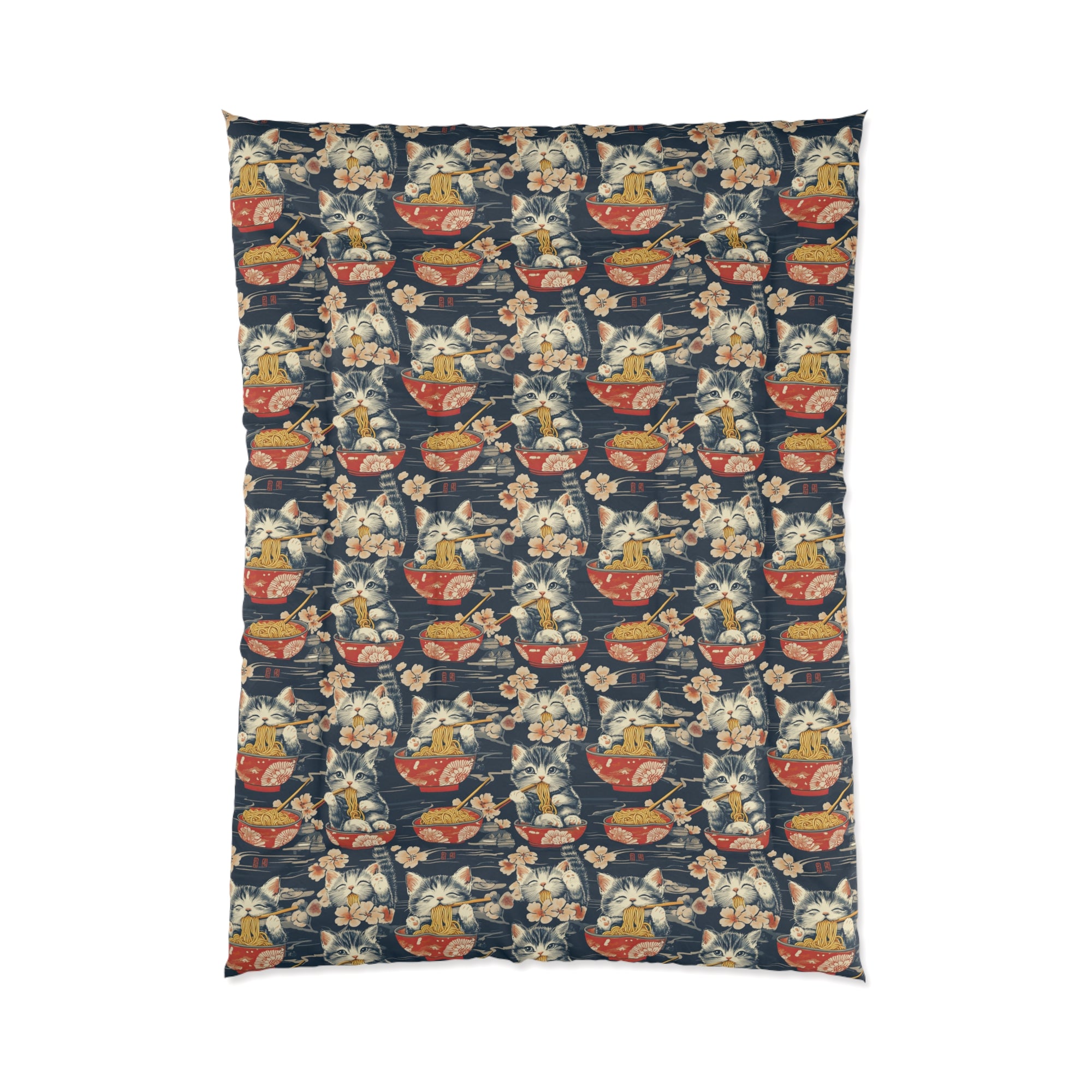 Comforter - A charming and detailed illustration of happy kittens in red ramen bowls eating their noodles with chopsticks among beautiful pink cherry blossoms on a dark background.