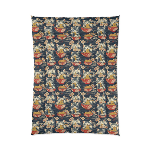 Comforter - A charming and detailed illustration of happy kittens in red ramen bowls eating their noodles with chopsticks among beautiful pink cherry blossoms on a dark background.