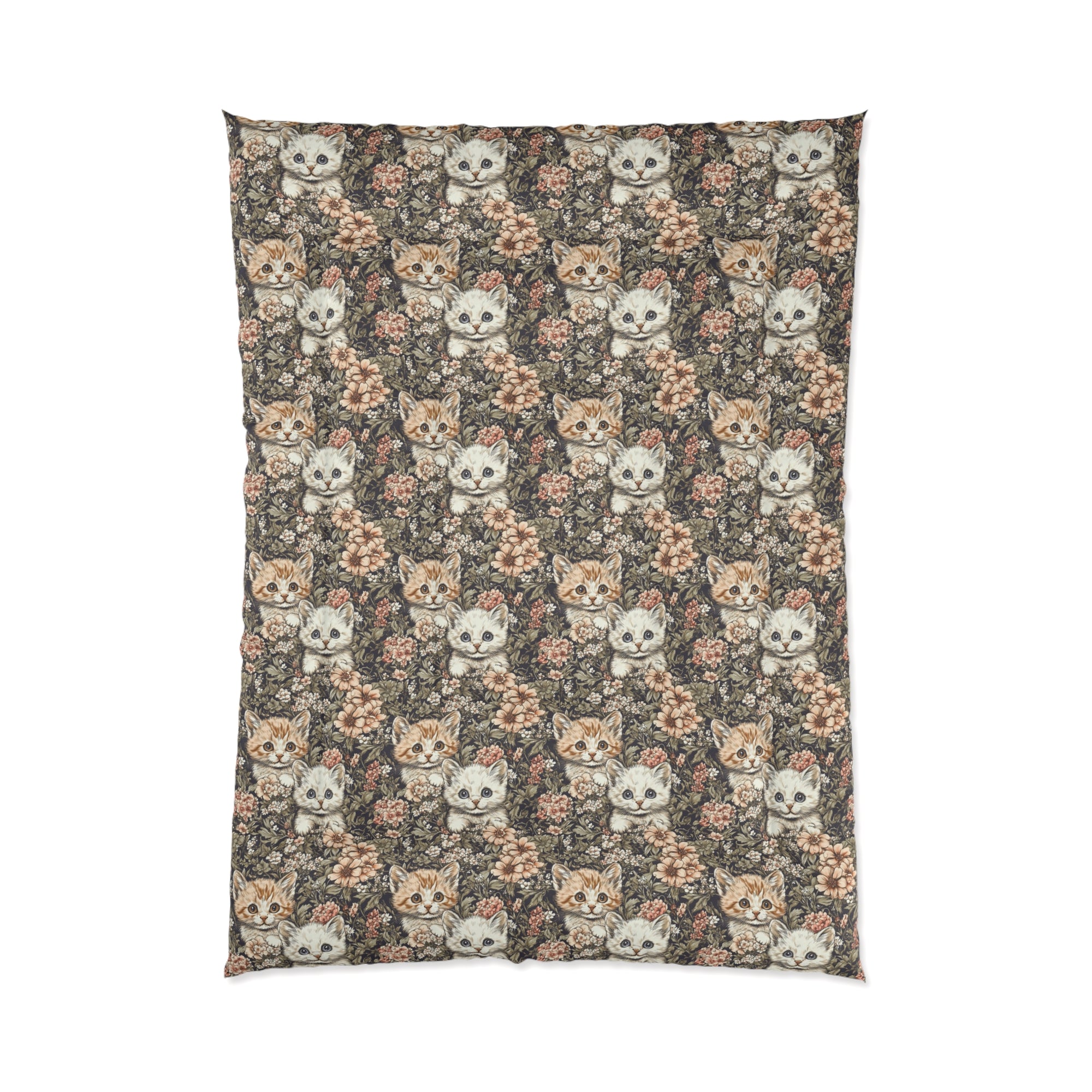 Comforter - Peach and White Kittens in Dark Floral Garden, Vintage Style, Sweet and Charming Scene