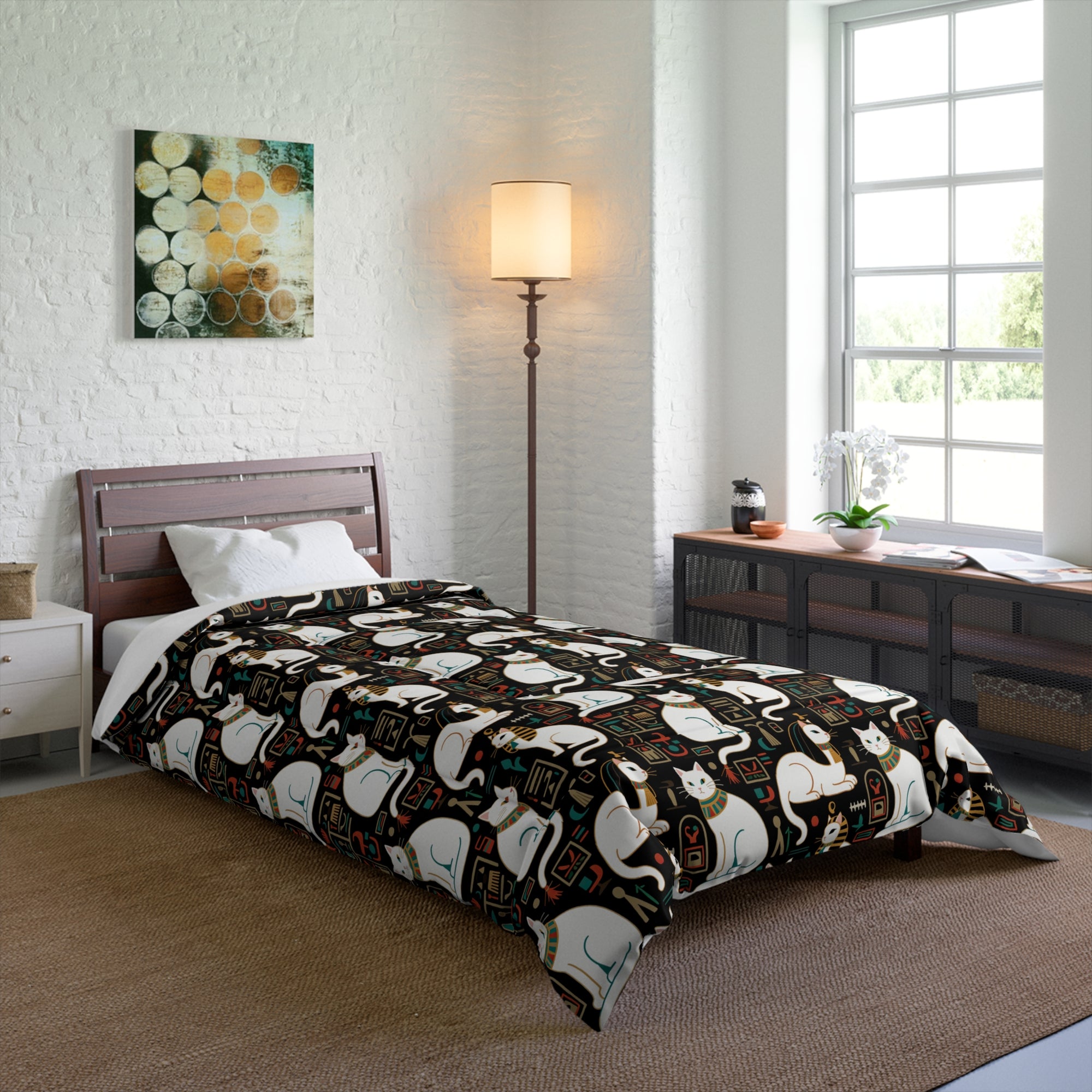 Comforter - Regal White Egyptian Cats with Ornate Collars and Ancient Symbols Adorn this Historically Inspired and Mystical Pattern