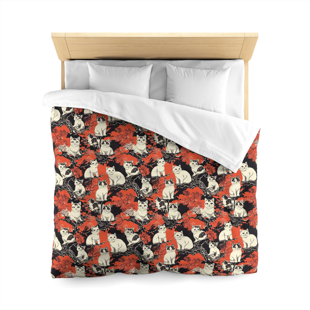 Duvet Cover - A striking black-and-white illustration with red accents of charming cats perched on the branches of trees in a beautiful Japanese woodblock print style.
