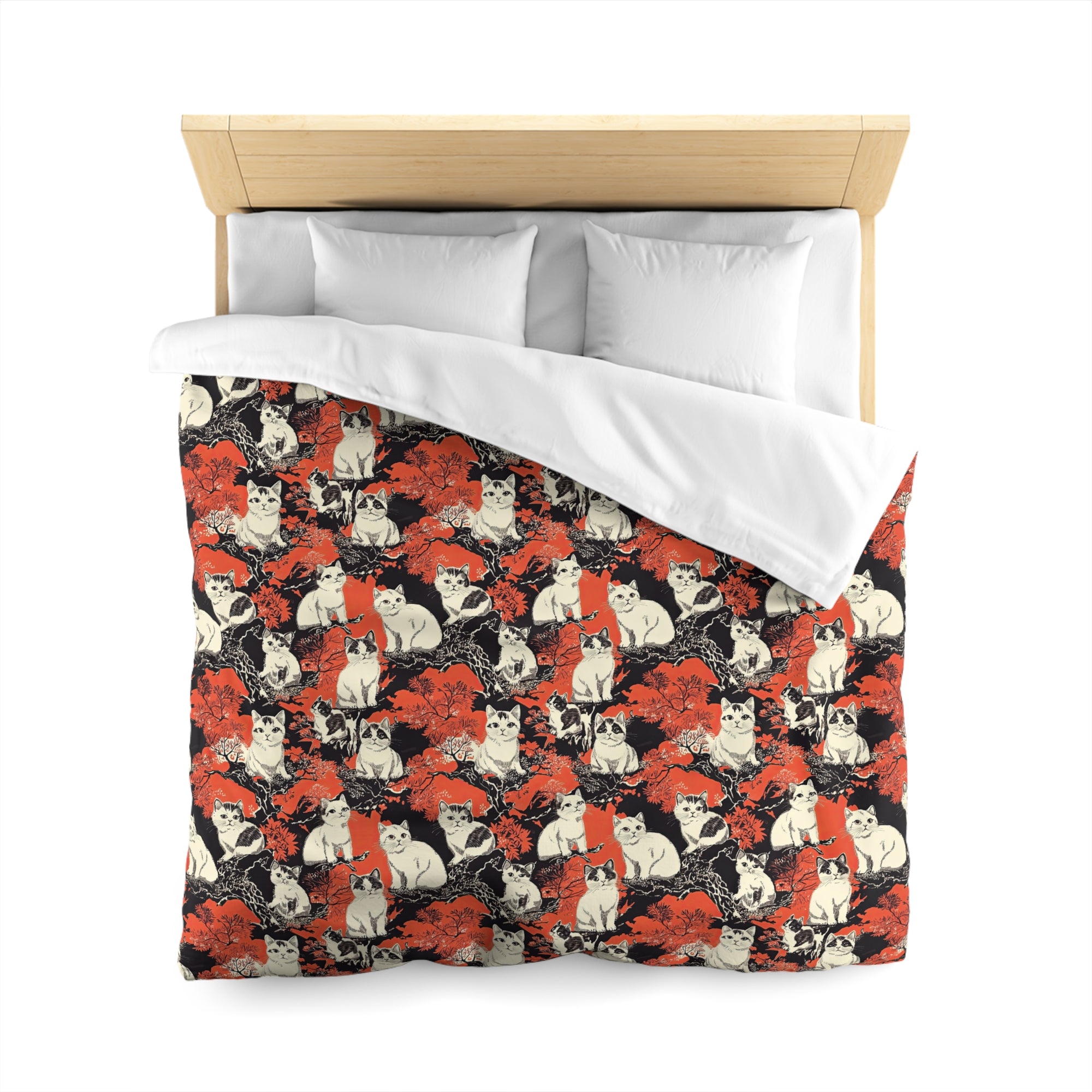 Duvet Cover - A striking black-and-white illustration with red accents of charming cats perched on the branches of trees in a beautiful Japanese woodblock print style.