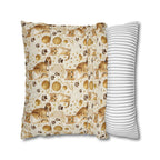 Square Pillowcase - Adorable ginger cat with bright green eyes, sparkling gold yarn and paw prints, classic tabby cat illustration, cream background, cute and charming pet themed art
