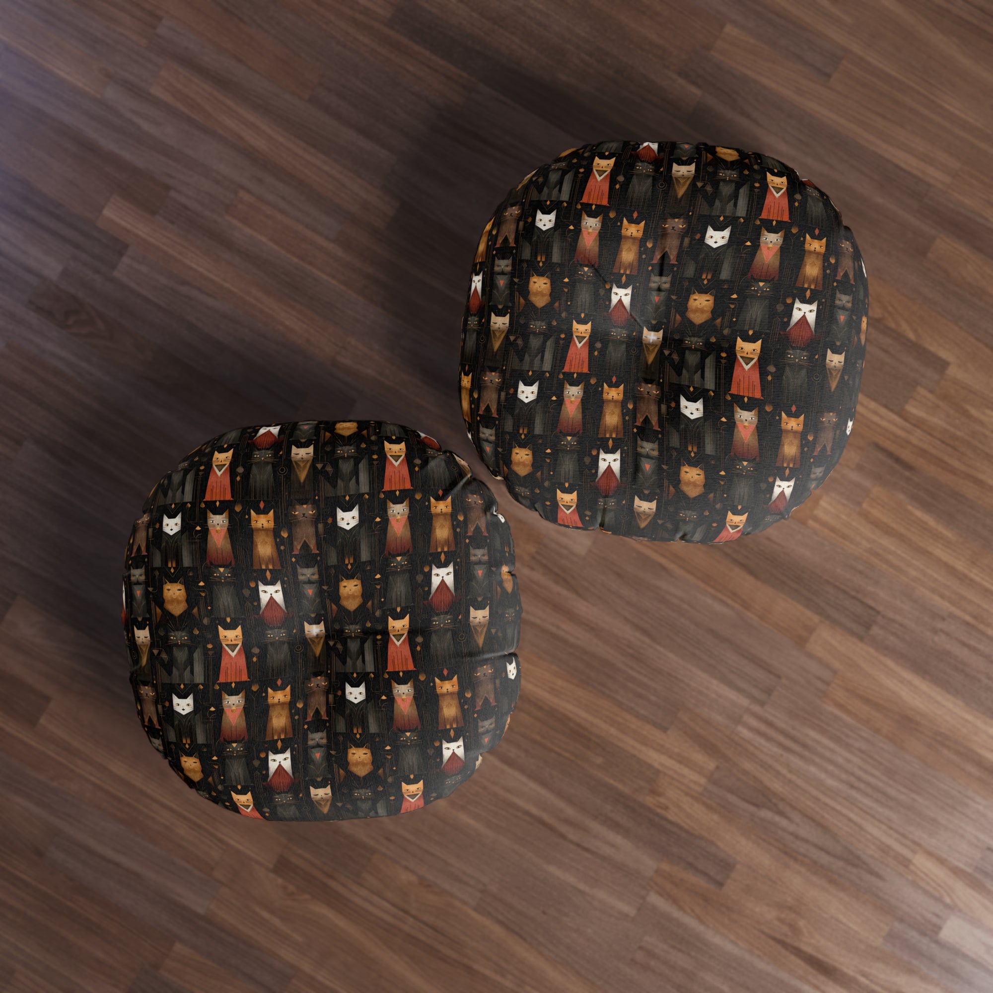 Indoor Round Floor Pillow - A striking and sophisticated Art Deco-style pattern of felines with bold, intricate lines and dramatic geometric shapes, all rendered in a unique gold and gray color palette.