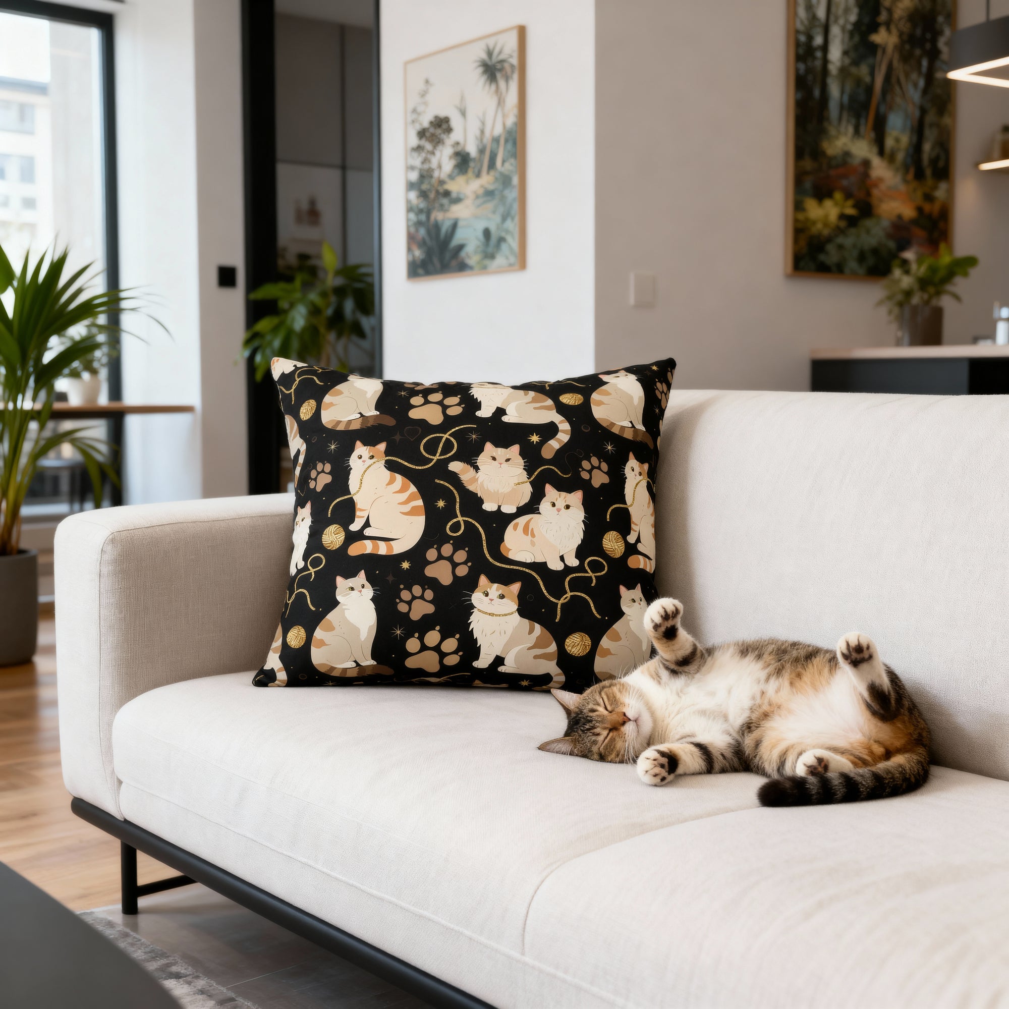 Indoor Square Pillow - Elegant felines and sparkling gold yarn on black, adorable cats with golden paw prints, sophisticated pet motif, charming animal pattern, cozy and warm artistic illustration