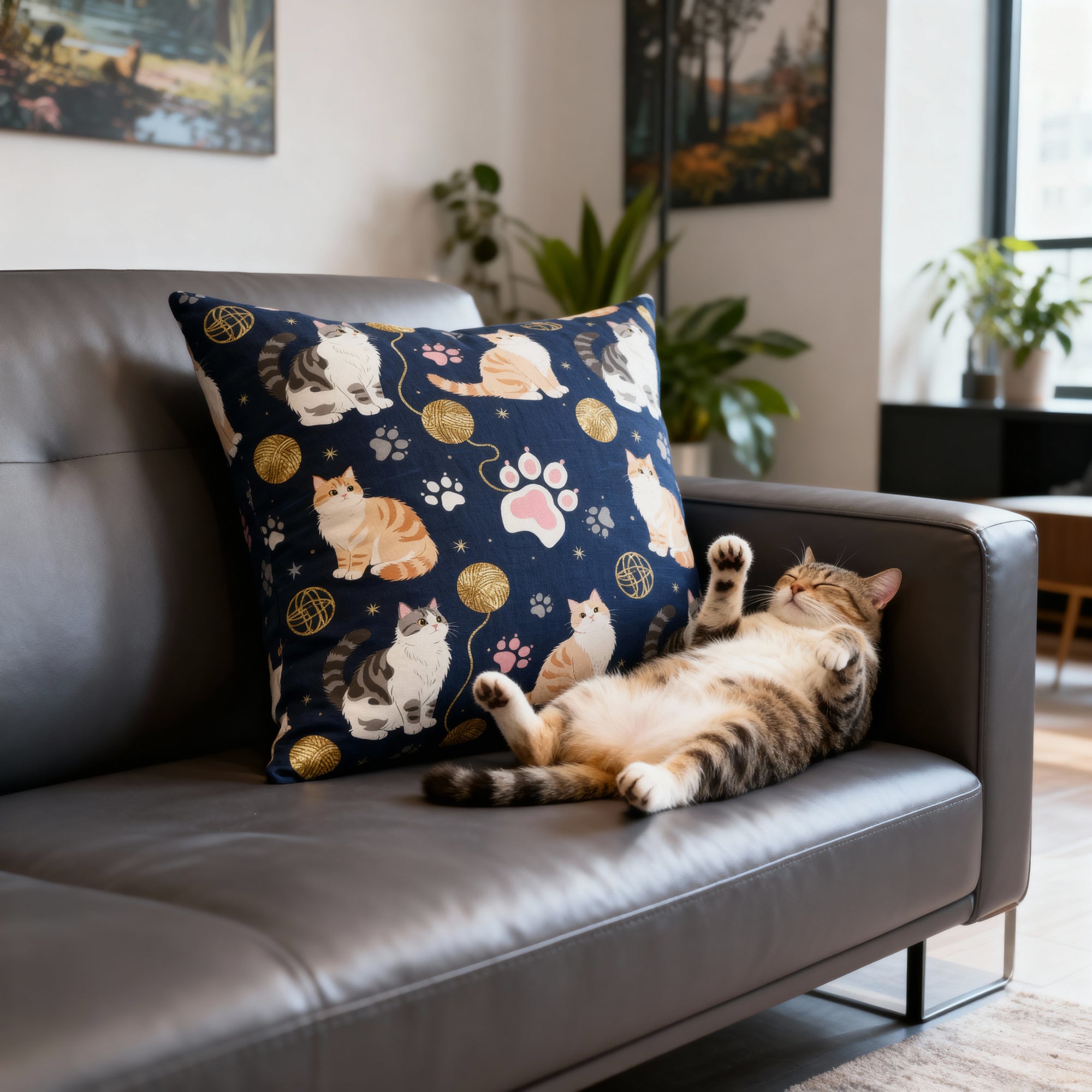 Indoor Square Pillow - Charming cats and golden yarn playful design, cute kittens with paw prints, whimsical animal art for cat lovers, dark blue background, delightful pet themed illustration