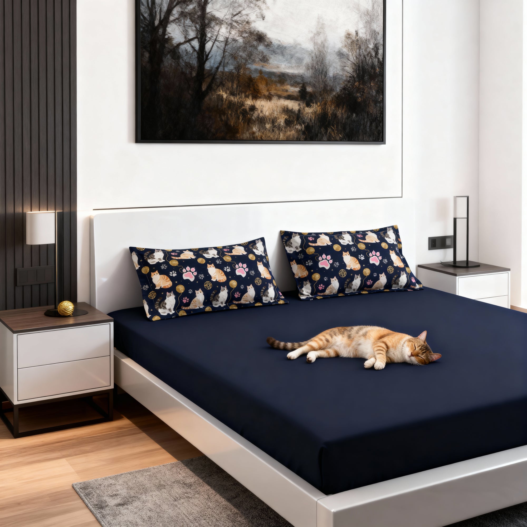 Pillow Sham - Charming cats and golden yarn playful design, cute kittens with paw prints, whimsical animal art for cat lovers, dark blue background, delightful pet themed illustration