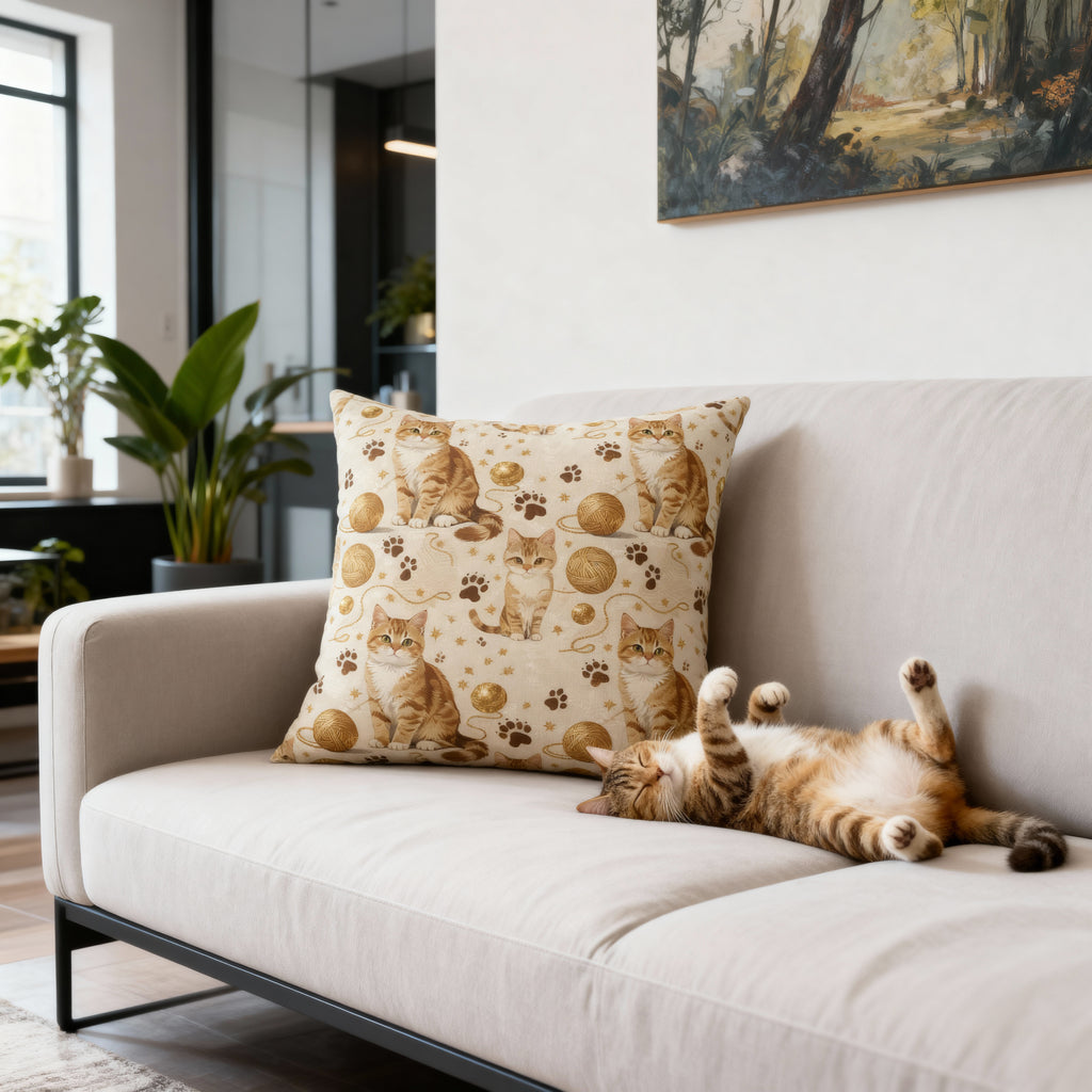 Indoor Square Pillow - Adorable ginger cat with bright green eyes, sparkling gold yarn and paw prints, classic tabby cat illustration, cream background, cute and charming pet themed art