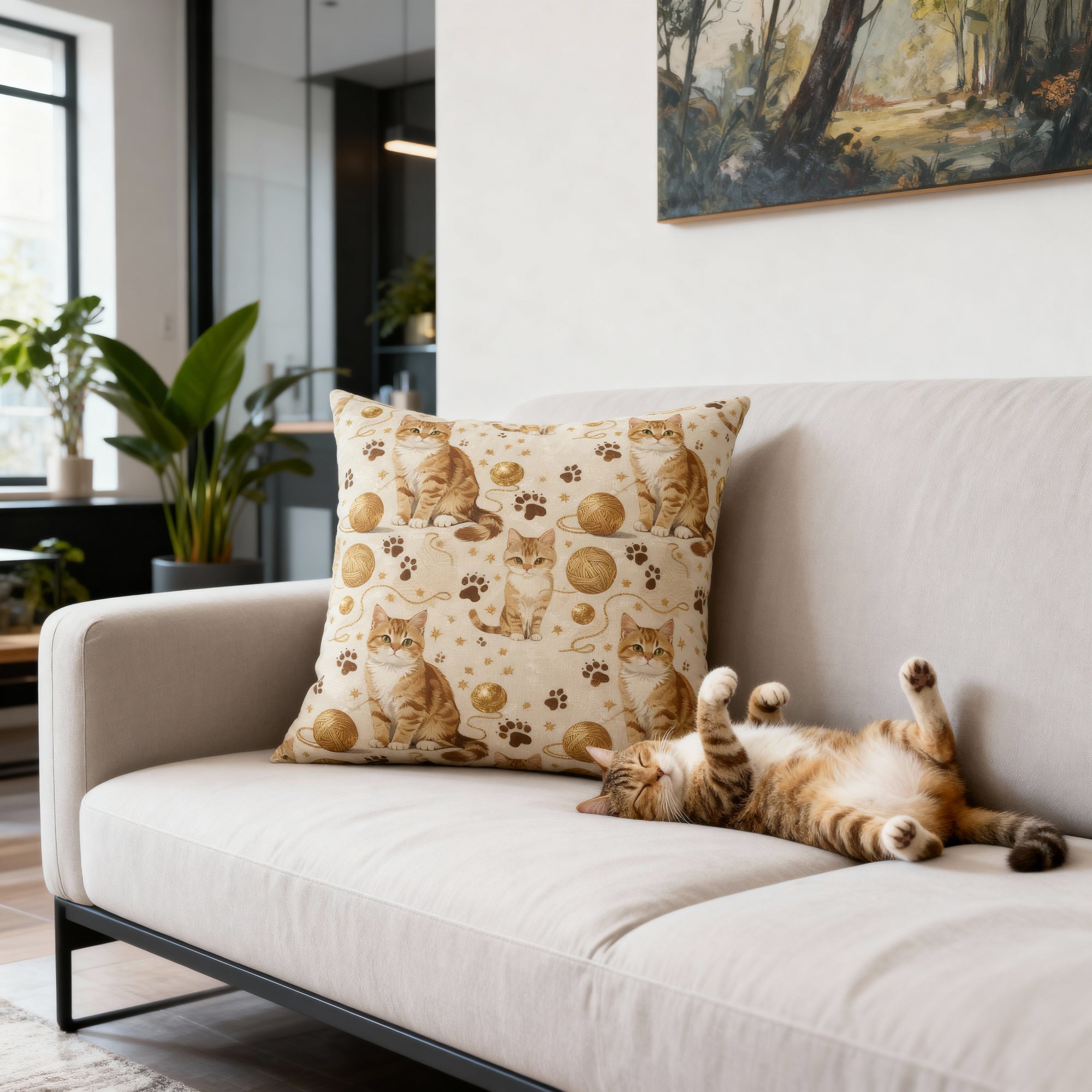 Indoor Square Pillow - Adorable ginger cat with bright green eyes, sparkling gold yarn and paw prints, classic tabby cat illustration, cream background, cute and charming pet themed art