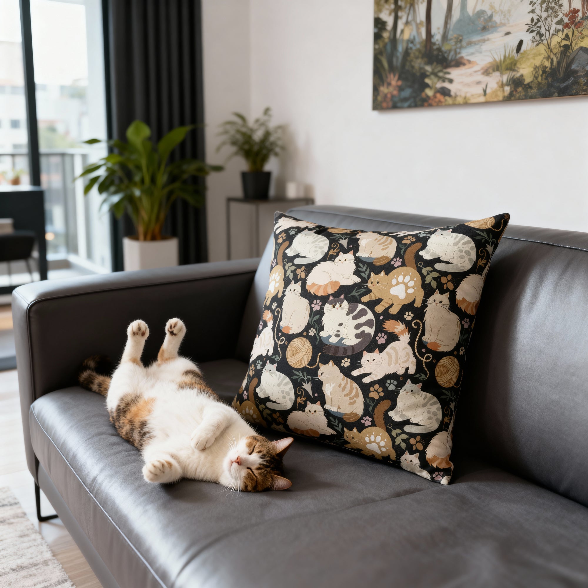 Indoor Square Pillow - Diverse cats and kittens in a dark garden, various breeds and colors, soft natural tones with foliage and paw prints, charming animal illustration, dark background, gentle pet themed art