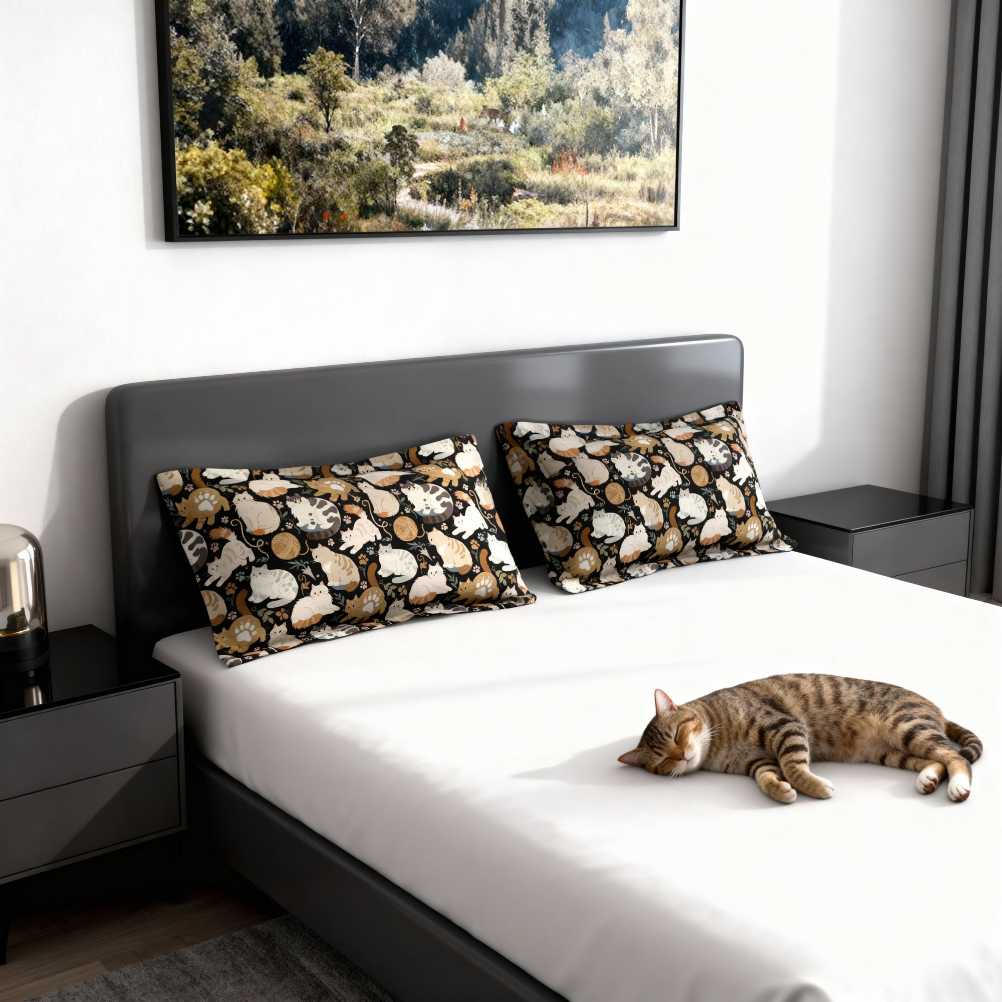 Pillow Sham - Diverse cats and kittens in a dark garden, various breeds and colors, soft natural tones with foliage and paw prints, charming animal illustration, dark background, gentle pet themed art