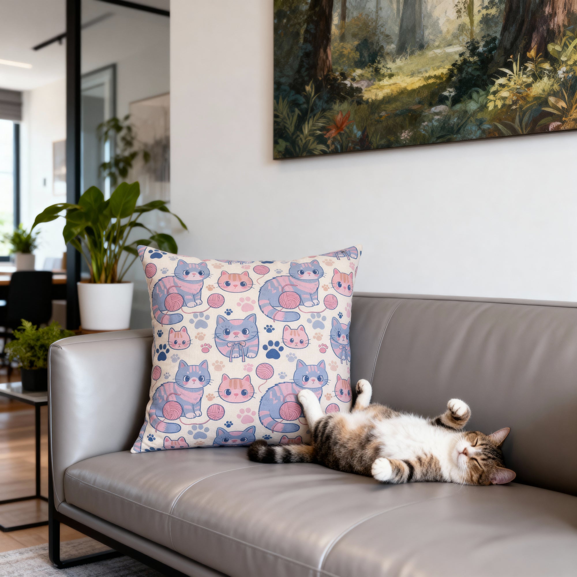 Indoor Square Pillow - Sweet pastel blue and pink cartoon cats, cute kawaii style kittens with yarn and paw prints, charming and playful animal design, light cream background, delightful pet pattern