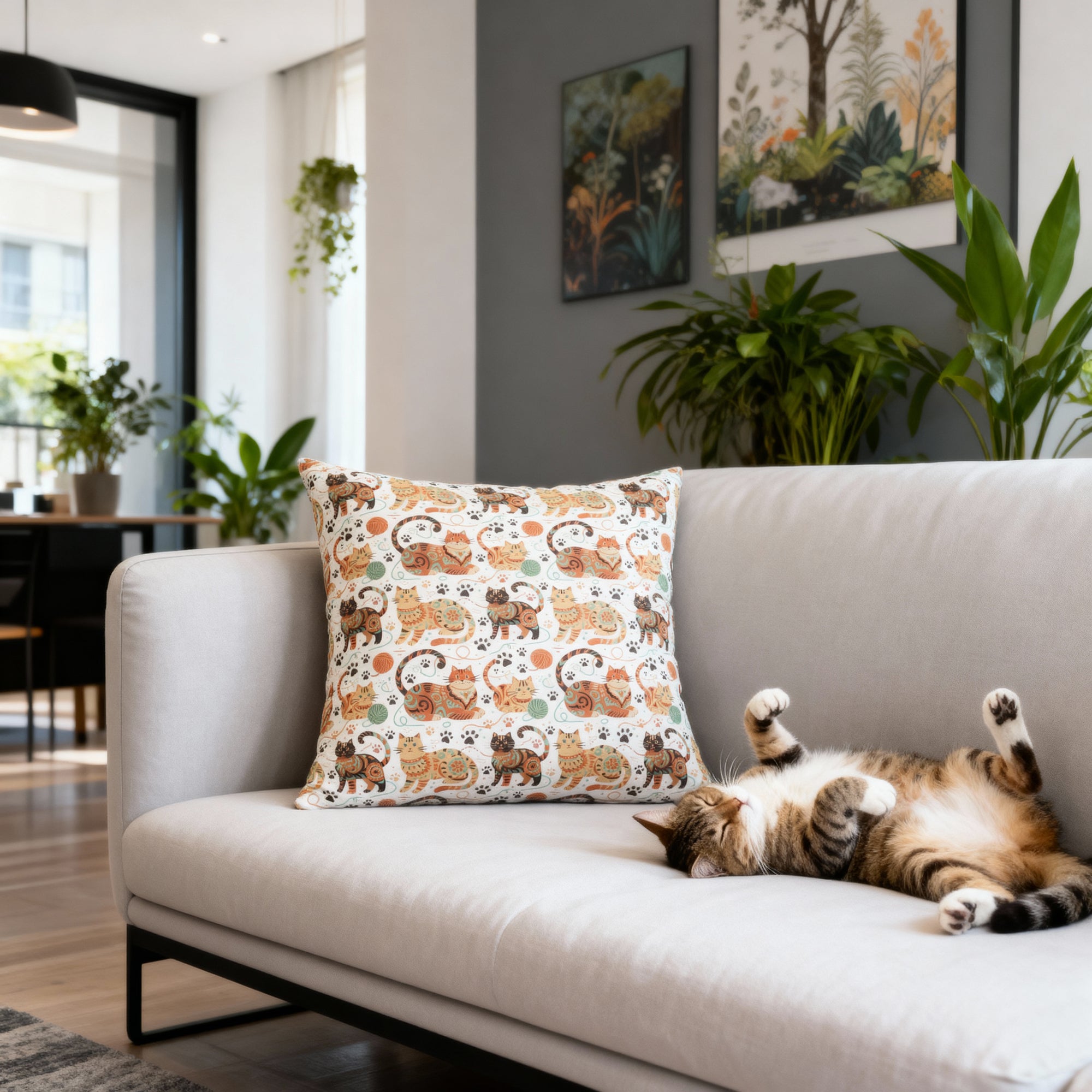 Indoor Square Pillow - Colorful folk art patterned cats, vibrant orange and teal hues, playful felines with yarn and paw prints, bohemian animal illustration, cream background, artistic and cheerful design