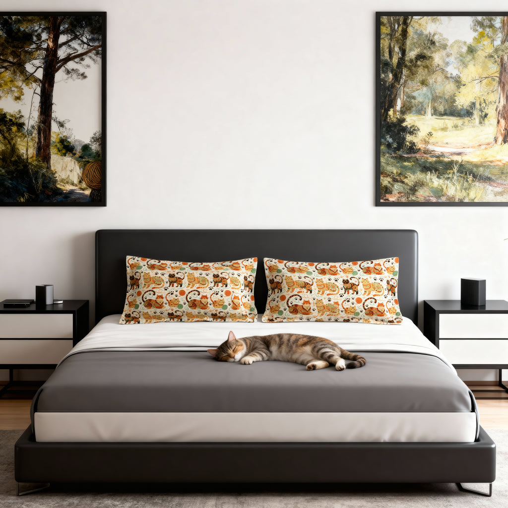 Pillow Sham - Colorful folk art patterned cats, vibrant orange and teal hues, playful felines with yarn and paw prints, bohemian animal illustration, cream background, artistic and cheerful design