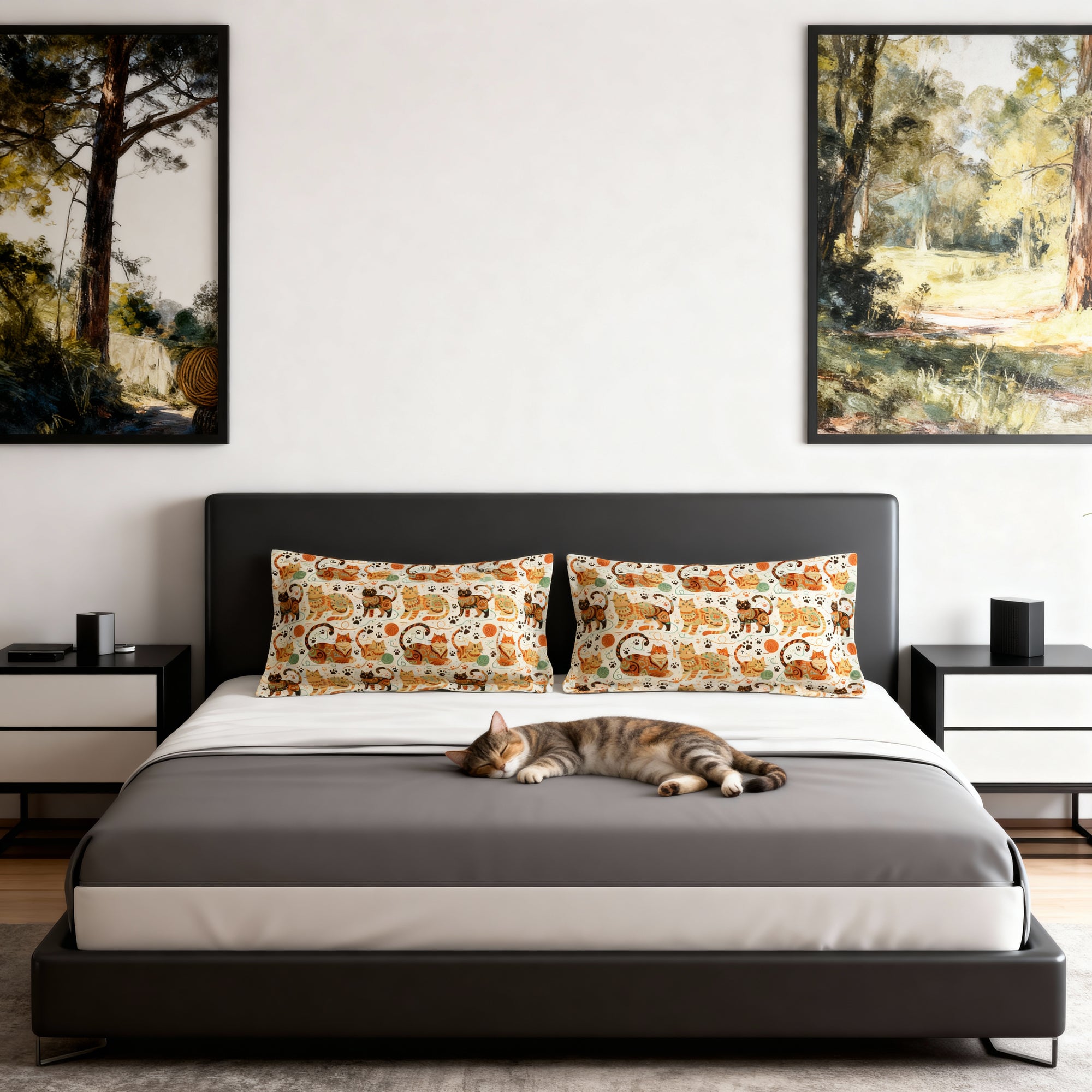 Pillow Sham - Colorful folk art patterned cats, vibrant orange and teal hues, playful felines with yarn and paw prints, bohemian animal illustration, cream background, artistic and cheerful design