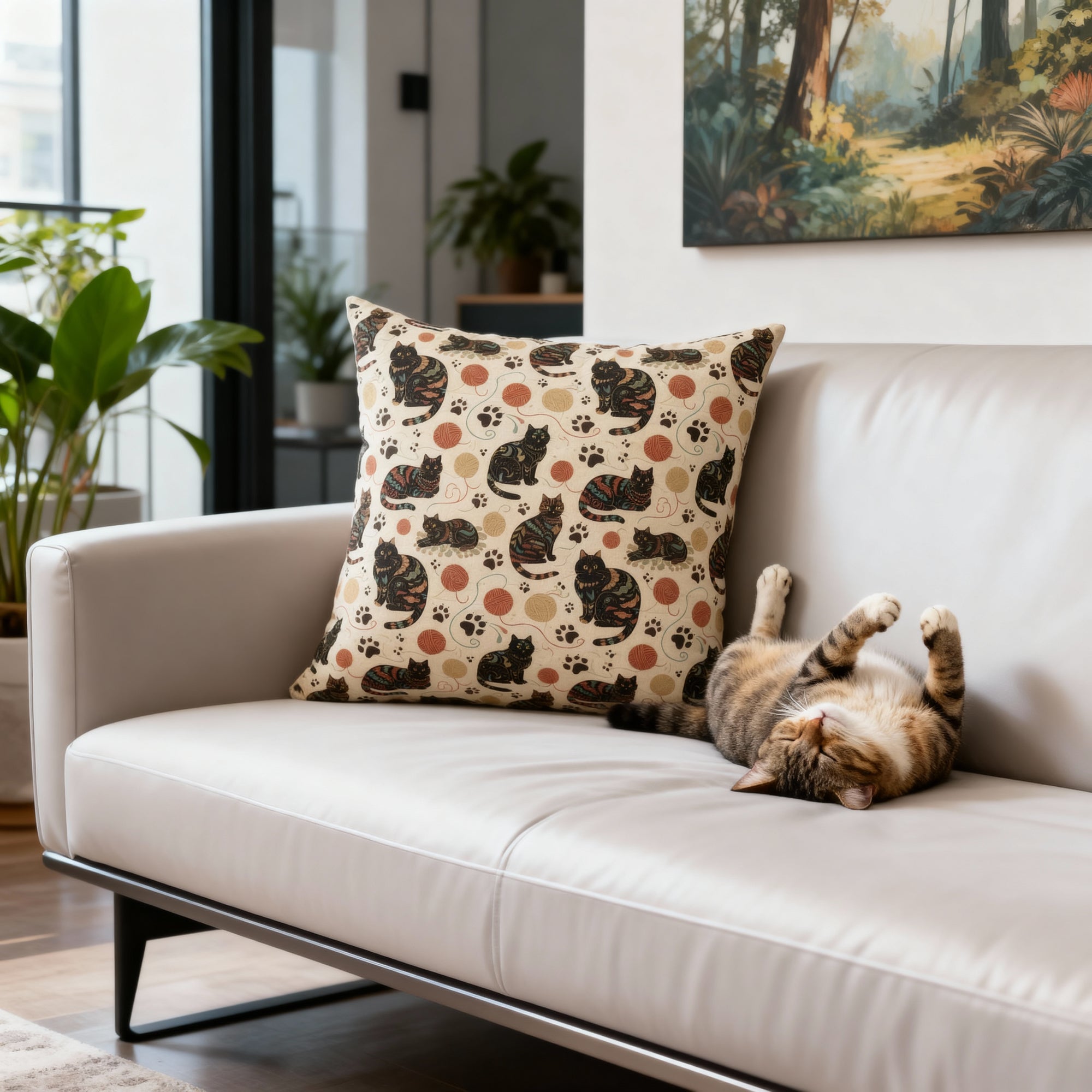 Indoor Square Pillow - Intricate tribal patterned black cats, colorful folk art style, playful felines with yarn balls and paw prints, artistic and bohemian cat design, cream background, unique animal print