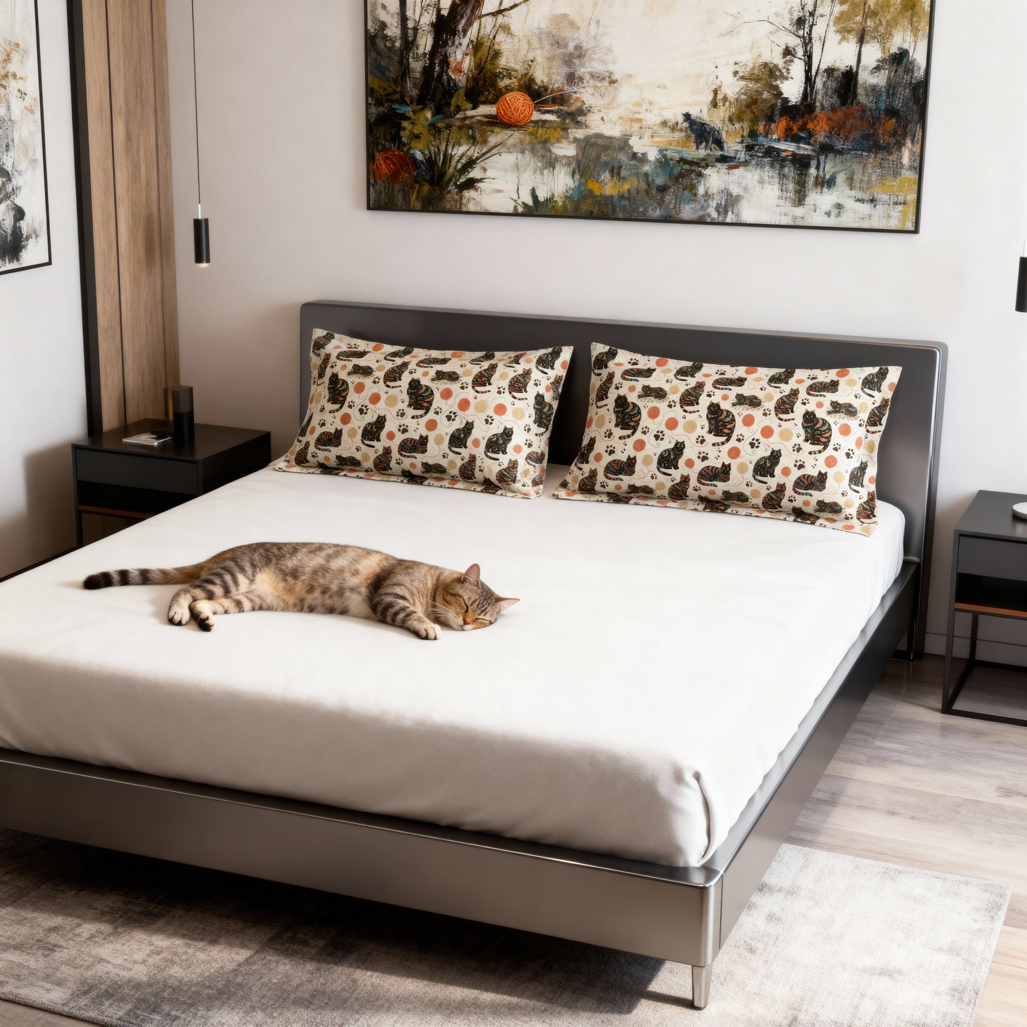 Pillow Sham - Intricate tribal patterned black cats, colorful folk art style, playful felines with yarn balls and paw prints, artistic and bohemian cat design, cream background, unique animal print