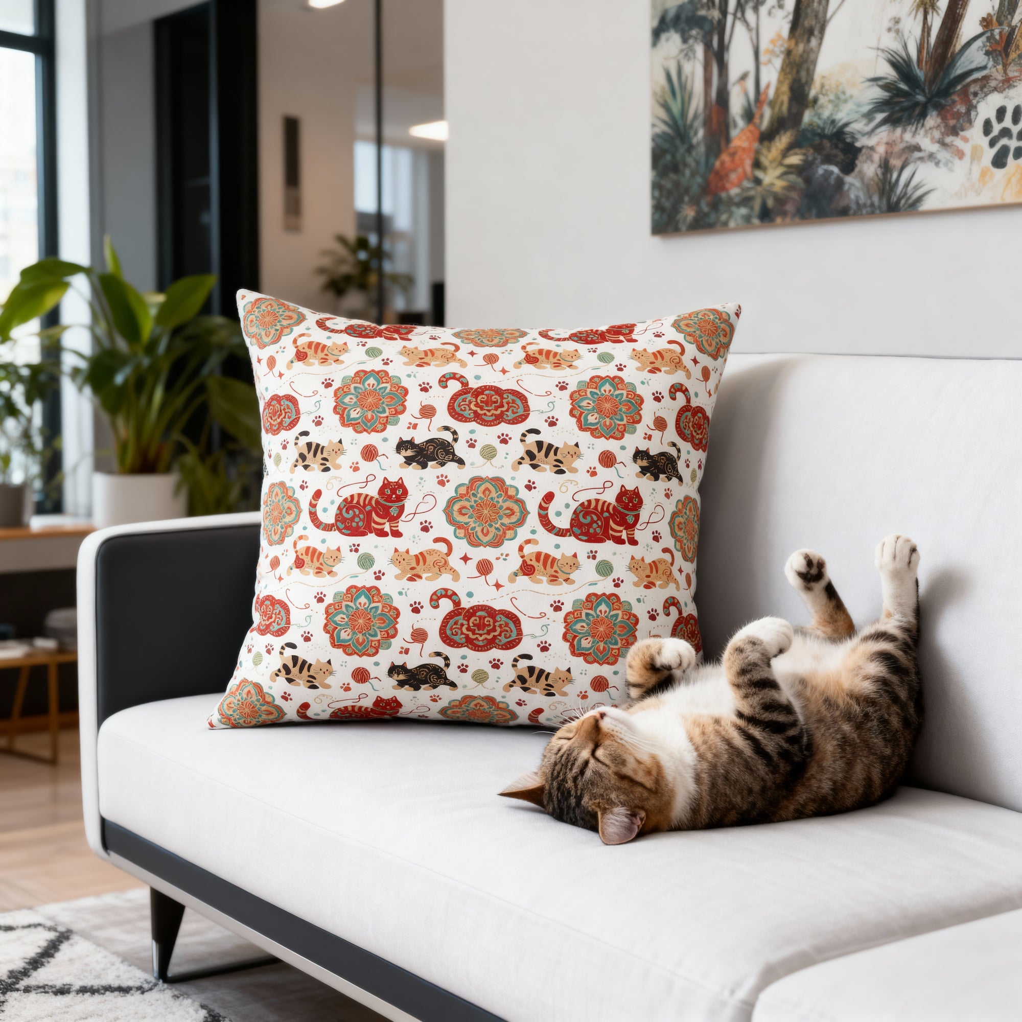 Indoor Square Pillow - Vibrant boho chic cats and mandalas, colorful folk art style, playful felines with yarn and paw prints, artistic and bohemian cat design, cream background, unique animal print