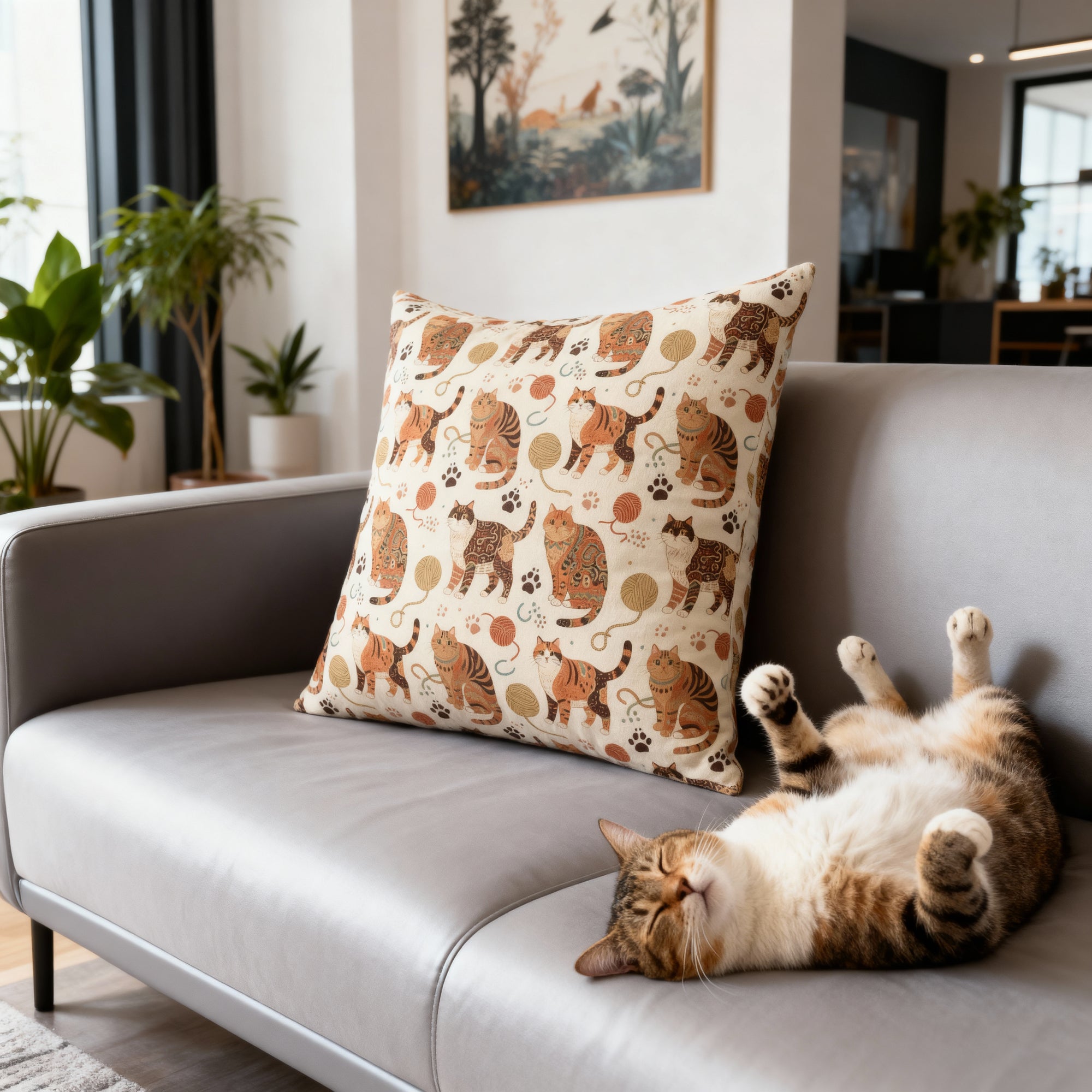 Indoor Square Pillow - Artistic patterned cats in warm earth tones, unique tribal and folk art designs, playful felines with yarn and paw prints, bohemian animal print, cream background, creative cat art