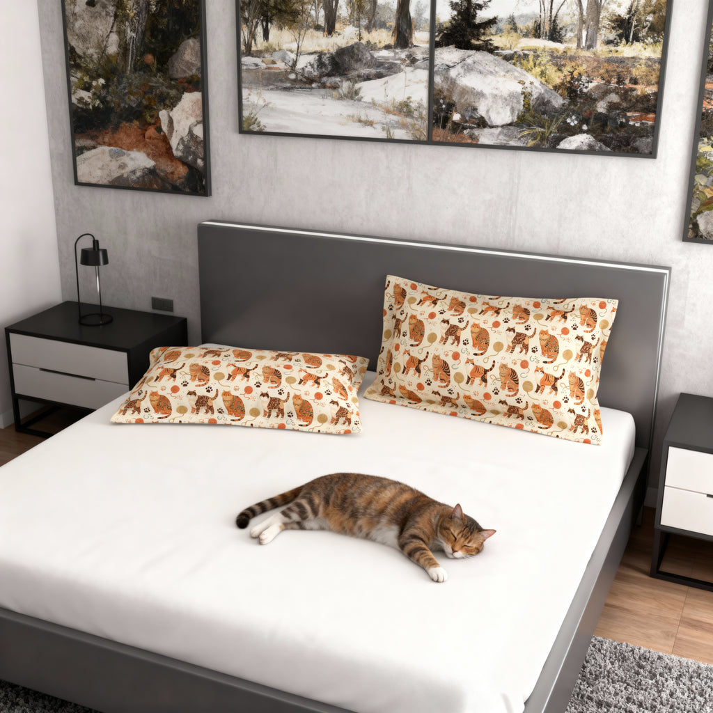 Pillow Sham - Artistic patterned cats in warm earth tones, unique tribal and folk art designs, playful felines with yarn and paw prints, bohemian animal print, cream background, creative cat art