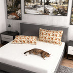 Pillow Sham - Artistic patterned cats in warm earth tones, unique tribal and folk art designs, playful felines with yarn and paw prints, bohemian animal print, cream background, creative cat art