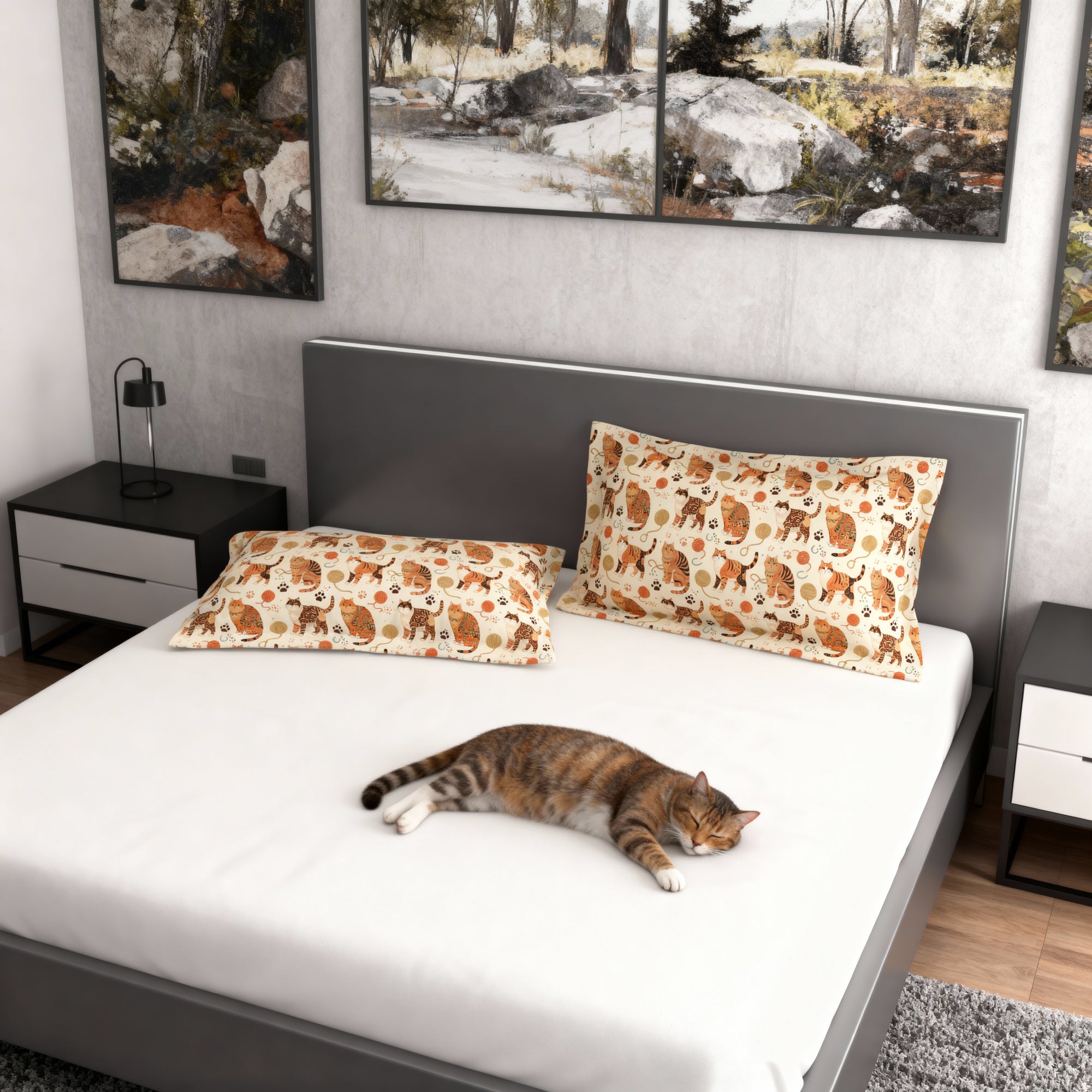 Pillow Sham - Artistic patterned cats in warm earth tones, unique tribal and folk art designs, playful felines with yarn and paw prints, bohemian animal print, cream background, creative cat art