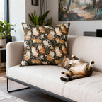 Indoor Square Pillow - Whimsical cat and kitten garden party, various cat breeds amidst green foliage and pink flowers, charming animal illustration, dark forest green background, playful and natural art
