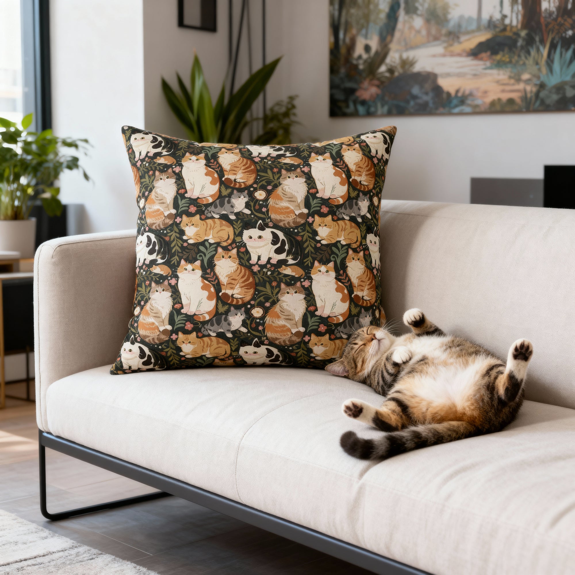 Indoor Square Pillow - Whimsical cat and kitten garden party, various cat breeds amidst green foliage and pink flowers, charming animal illustration, dark forest green background, playful and natural art