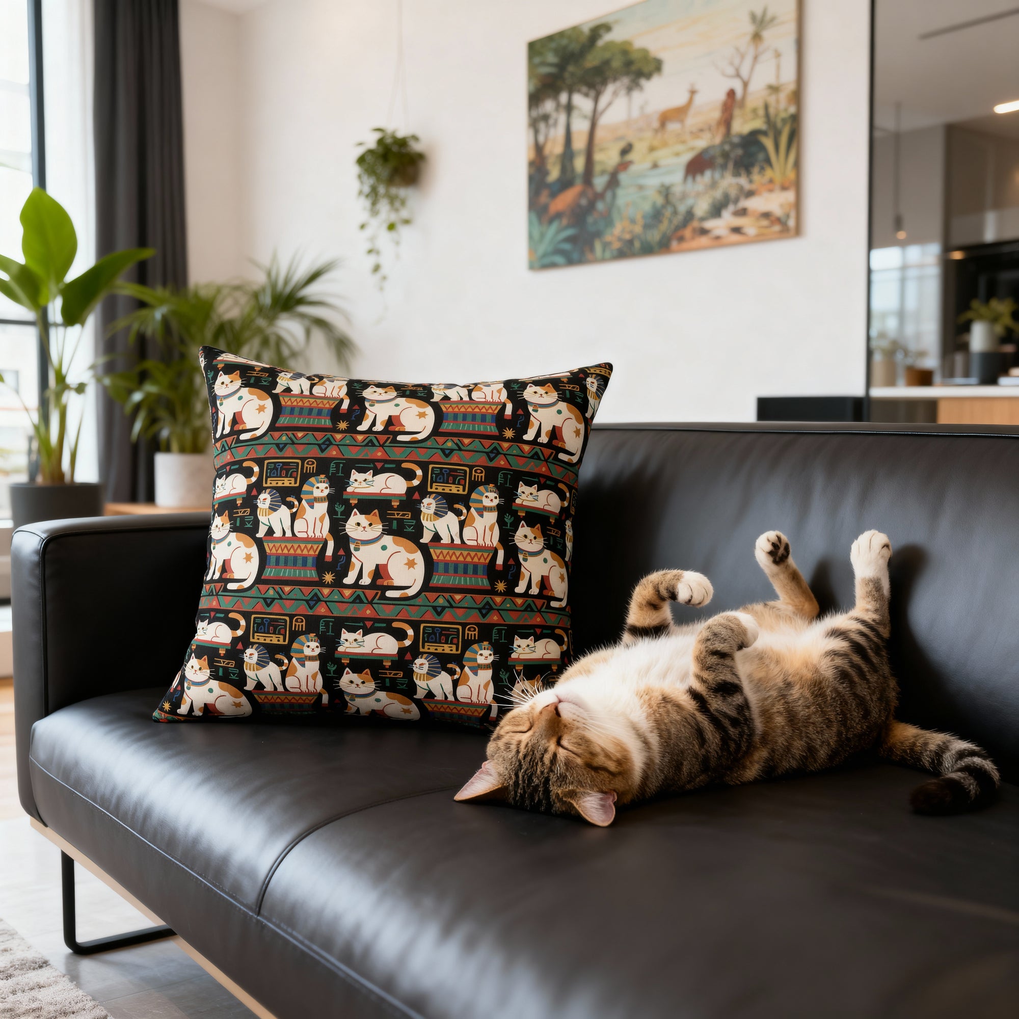 Indoor Square Pillow - Ancient Egyptian Felines with Hieroglyphs and Colorful Borders Adorn this Playful and Culturally Rich Cat Pattern