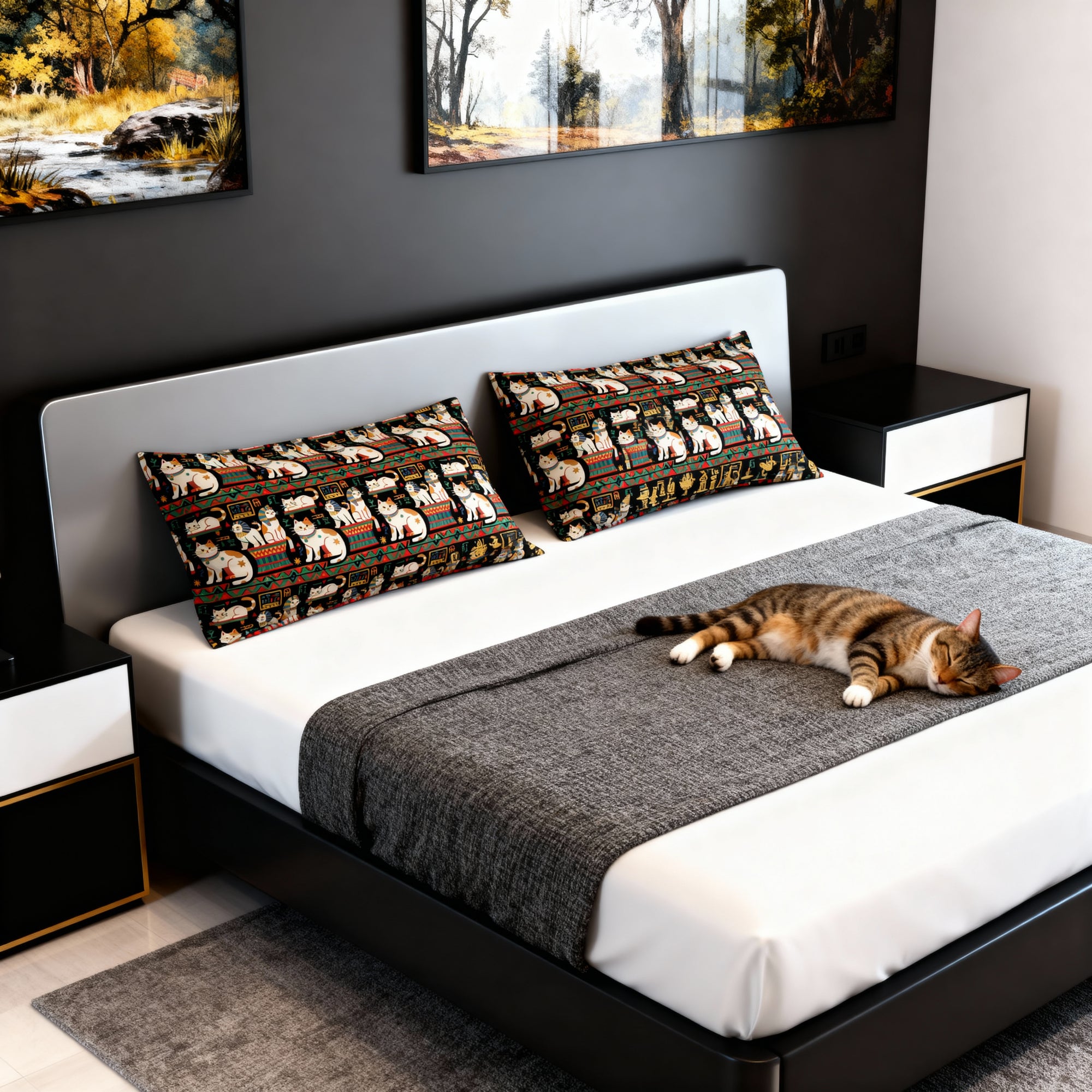 Pillow Sham - Ancient Egyptian Felines with Hieroglyphs and Colorful Borders Adorn this Playful and Culturally Rich Cat Pattern