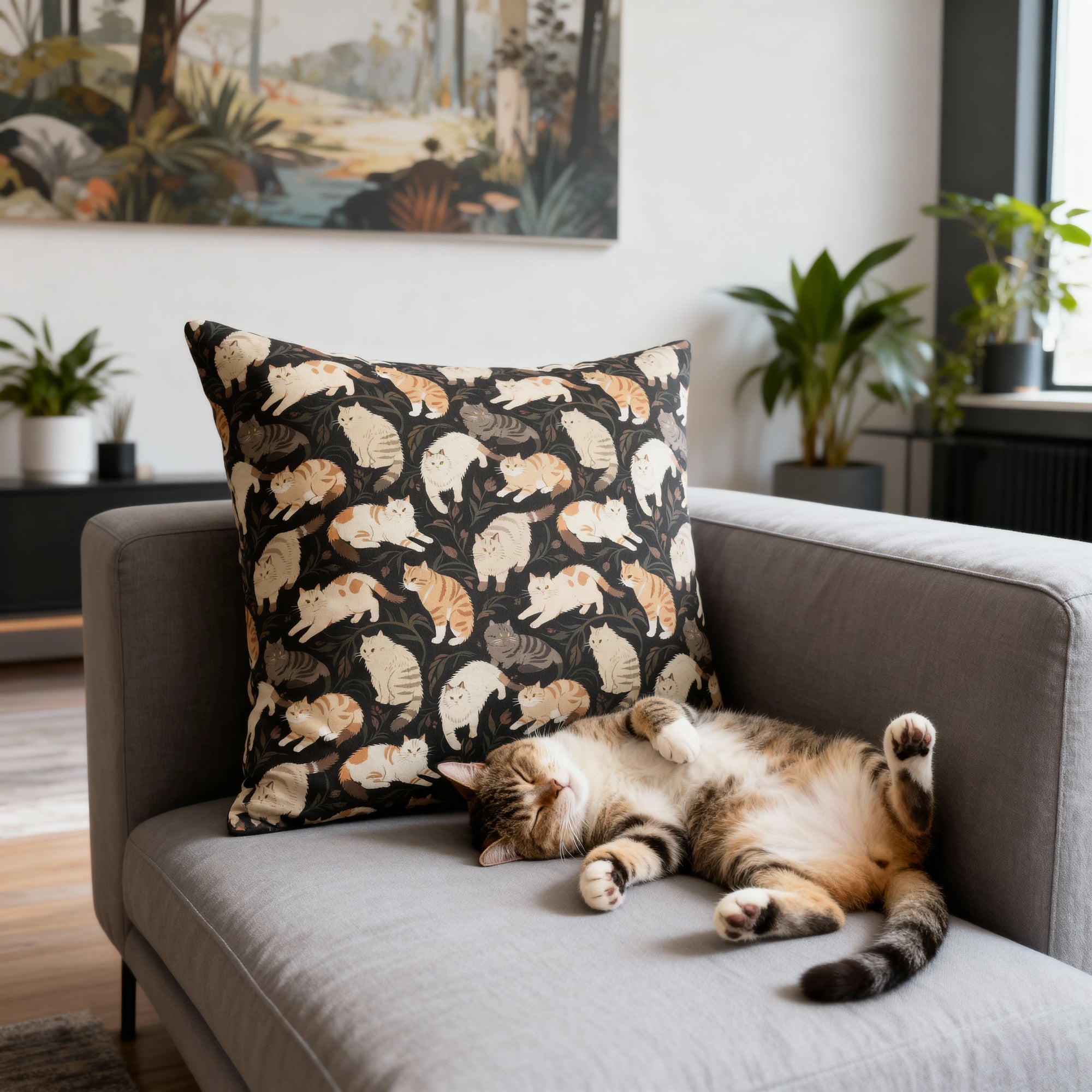 Indoor Square Pillow - Earthy Toned Cats Lounge and Play Amidst Dark Foliage in a Serene and Naturally Inspired Seamless Pattern Design