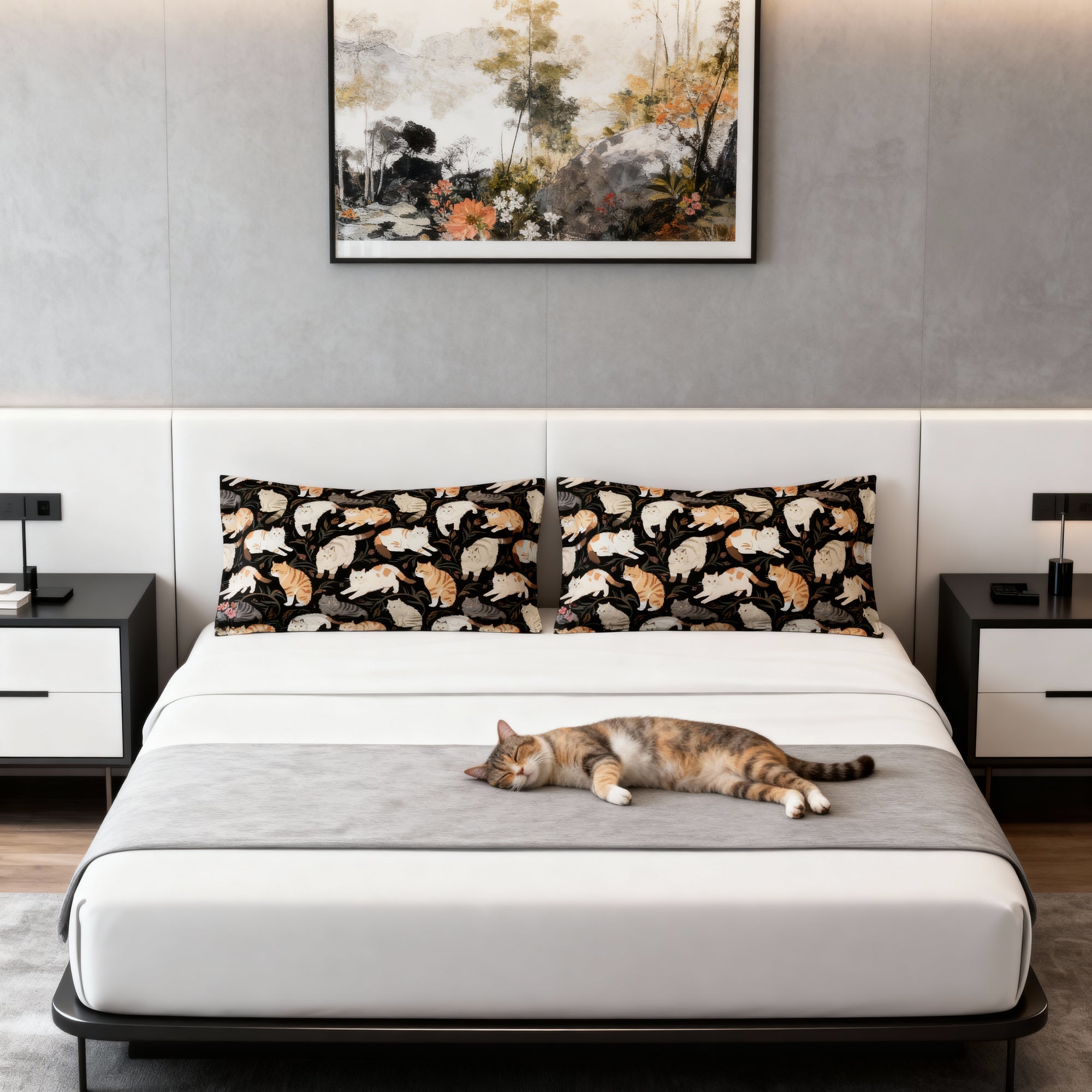 Pillow Sham - Earthy Toned Cats Lounge and Play Amidst Dark Foliage in a Serene and Naturally Inspired Seamless Pattern Design