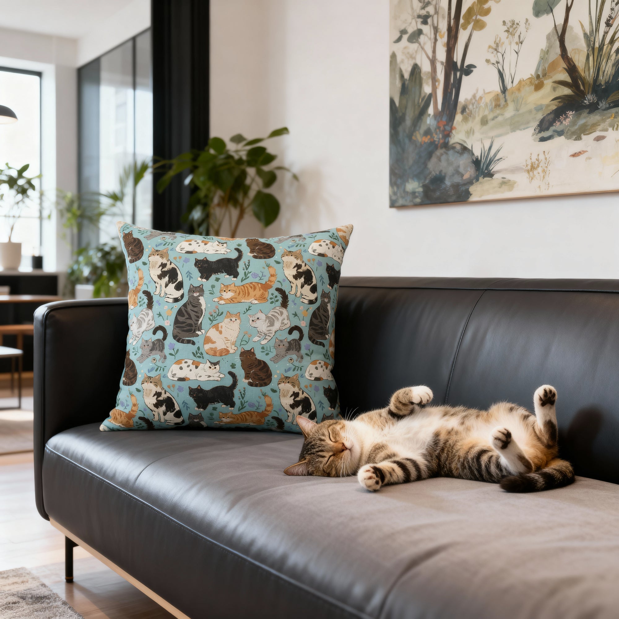 Indoor Square Pillow - A Delightful Assortment of Charming Cats in Diverse Poses and Breeds Scattered Across a Soft Blue Floral Background