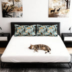 Pillow Sham - A Delightful Assortment of Charming Cats in Diverse Poses and Breeds Scattered Across a Soft Blue Floral Background