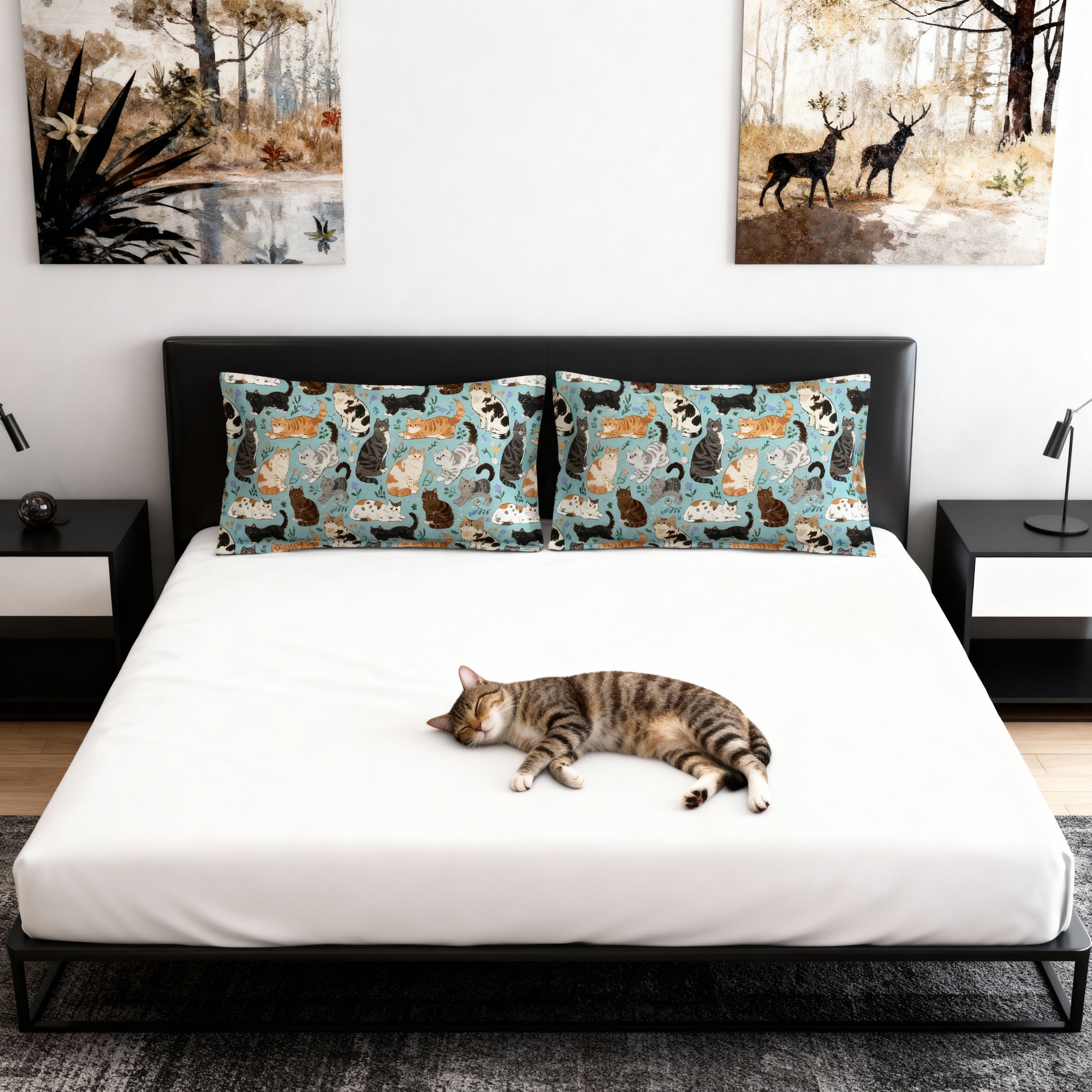Pillow Sham - A Delightful Assortment of Charming Cats in Diverse Poses and Breeds Scattered Across a Soft Blue Floral Background